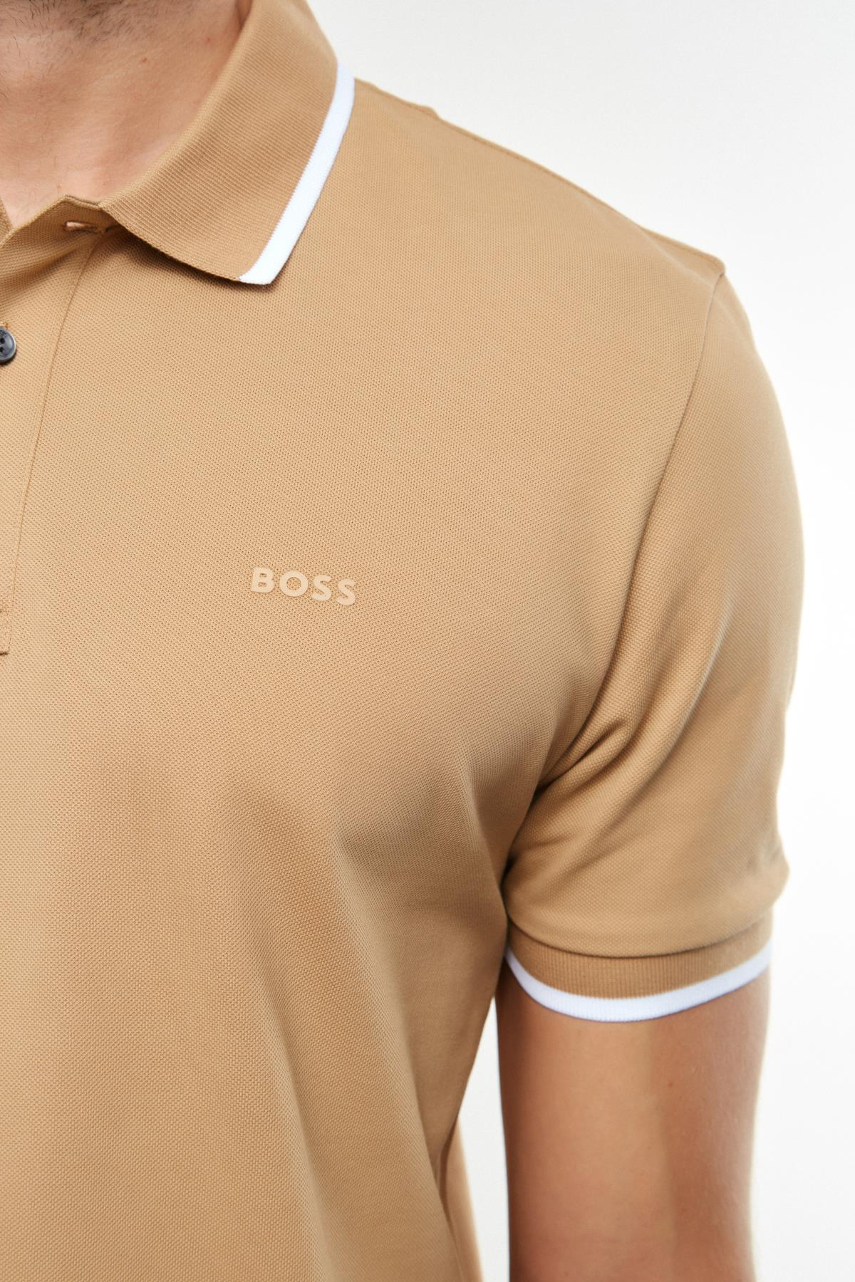 BossBeyaz Biye Detaylı Bej Polo Yaka T-shirt