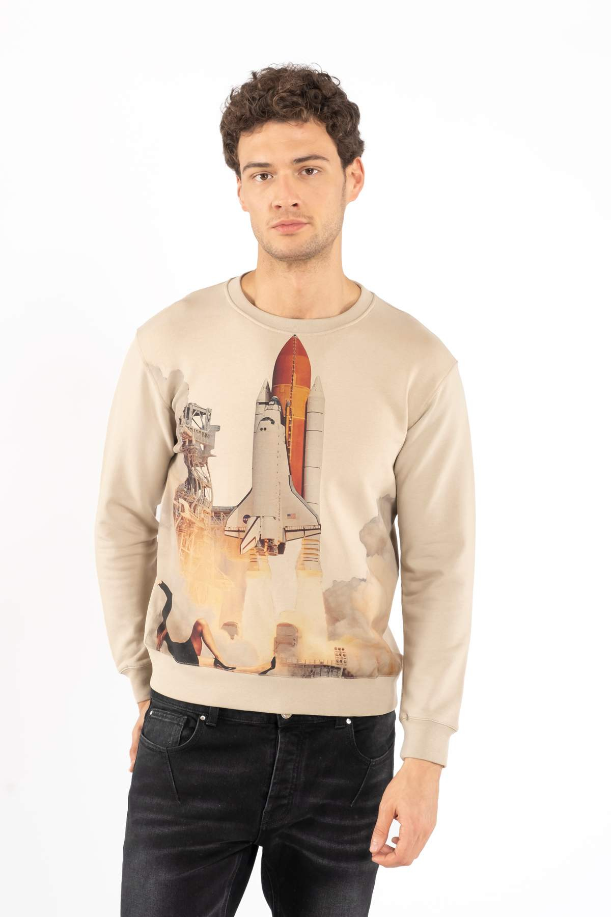 LimitatoKrem Baskılı Bisiklet Yaka Sweatshirt