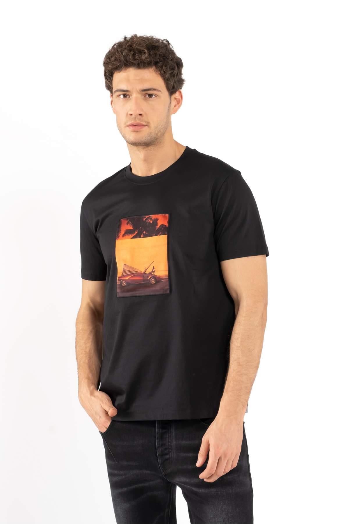 LimitatoSiyah Baskılı Bisiklet Yaka T-shirt