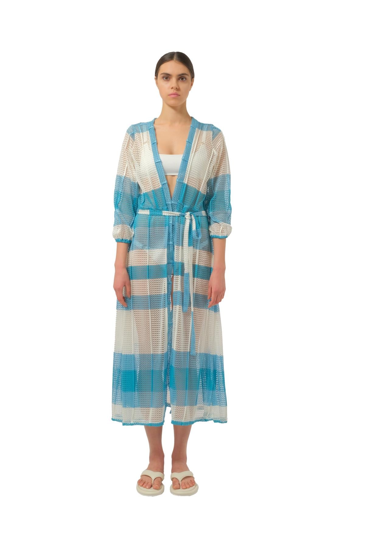 Melissa OdabashMavi Triko Belden Bağlamalı Kaftan