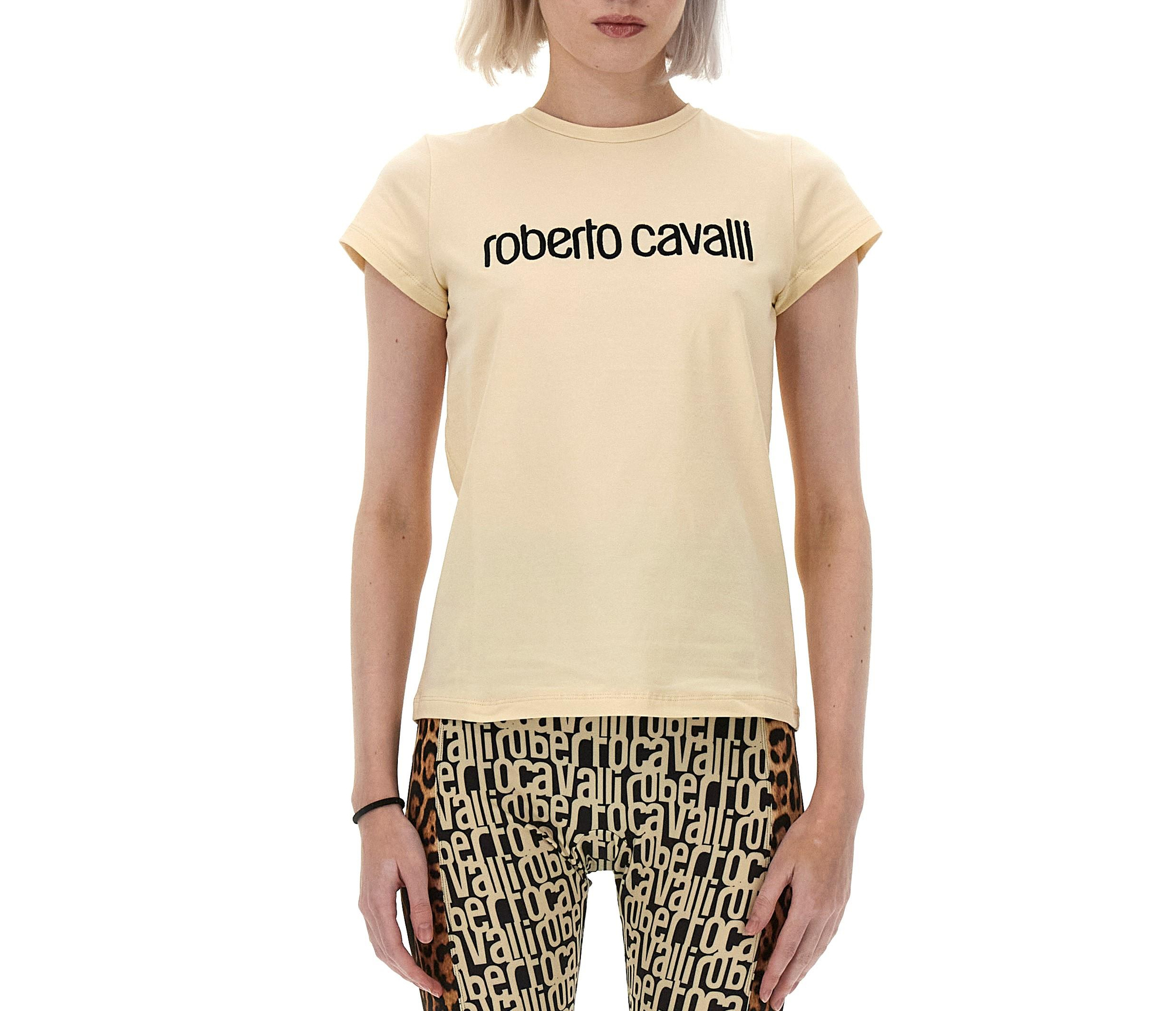 Roberto CavalliEkru Bisiklet Yaka Kadın T-shirt