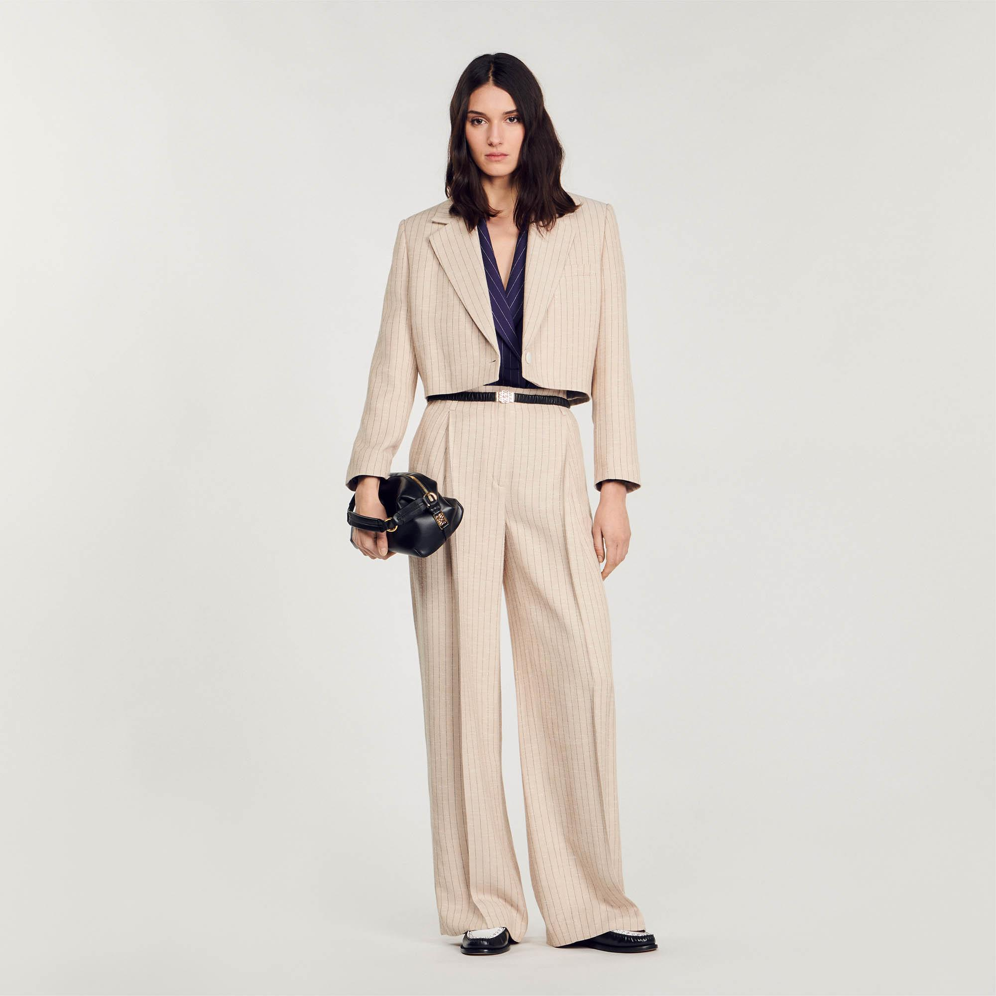 SANDROTek Düğme Kapama Çizgili Crop Blazer