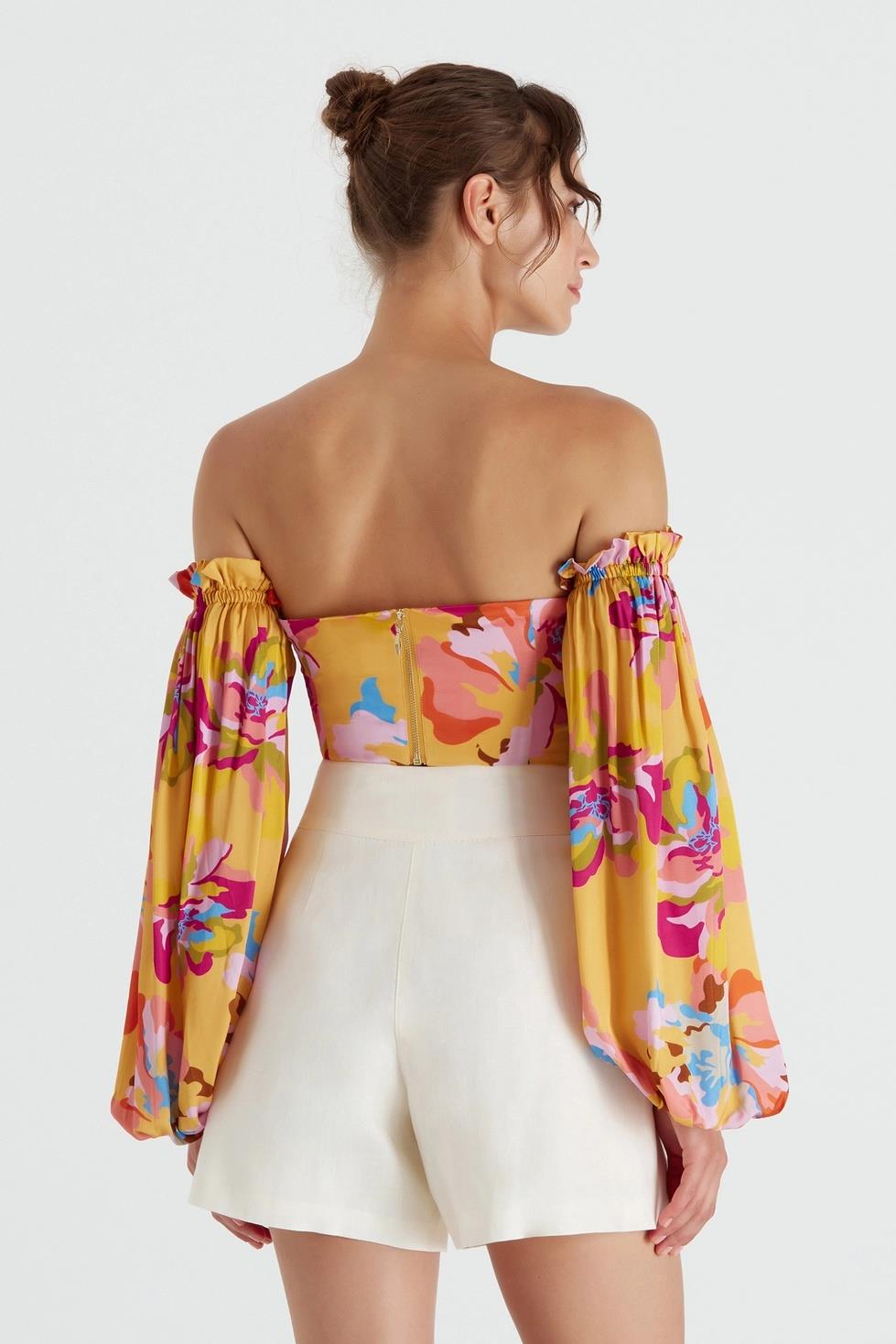 Dahlia BiancaDüğüm Detaylı Renkli Desen Crop Bluz