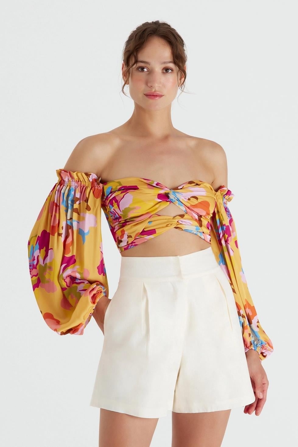 Dahlia BiancaDüğüm Detaylı Renkli Desen Crop Bluz