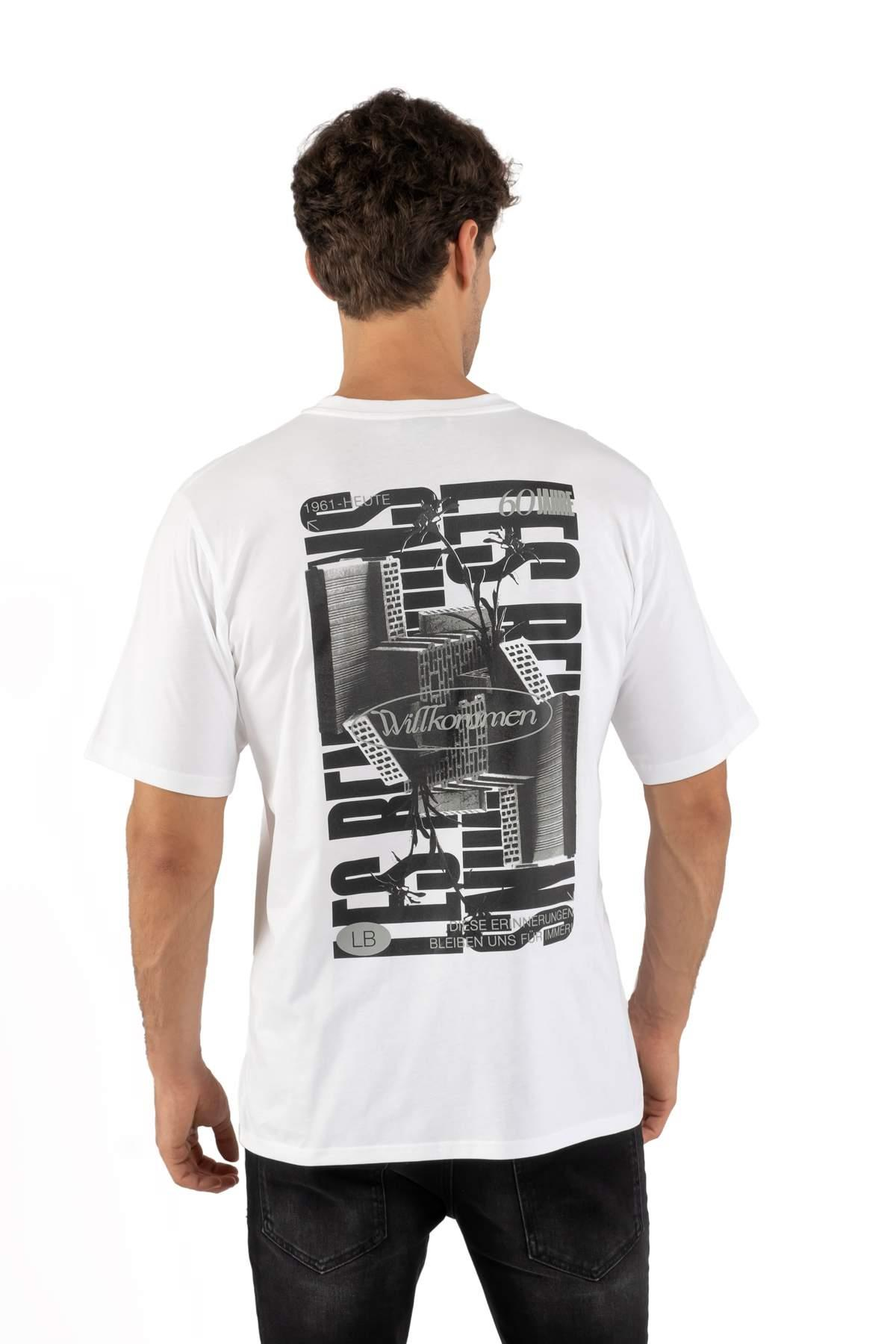 Les BenjaminsArkası Desenli Beyaz Bisiklet Yaka T-shirt