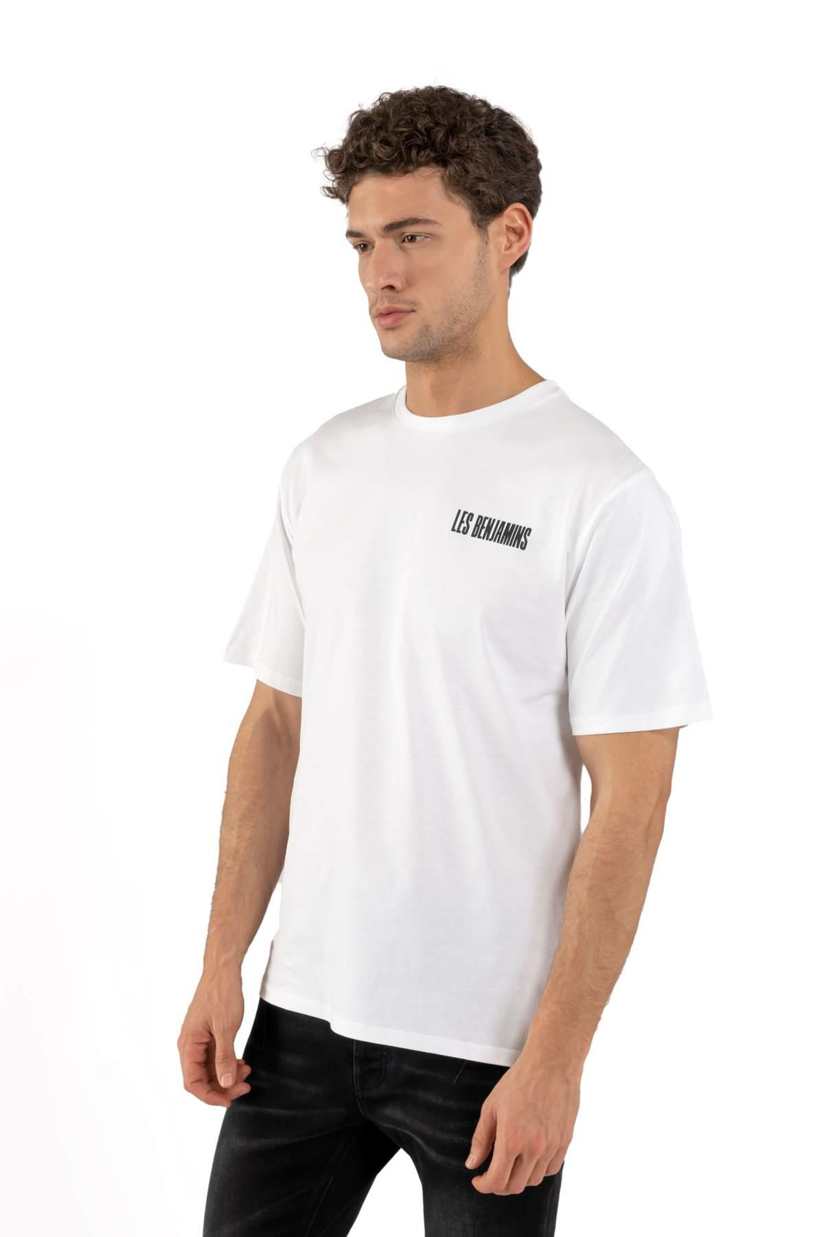 Les BenjaminsArkası Desenli Beyaz Bisiklet Yaka T-shirt