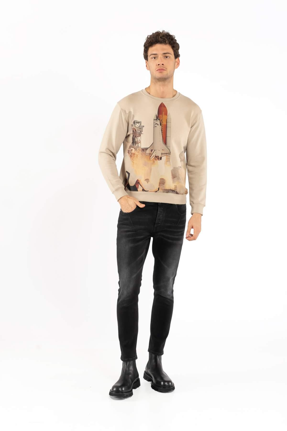 LimitatoKrem Baskılı Bisiklet Yaka Sweatshirt