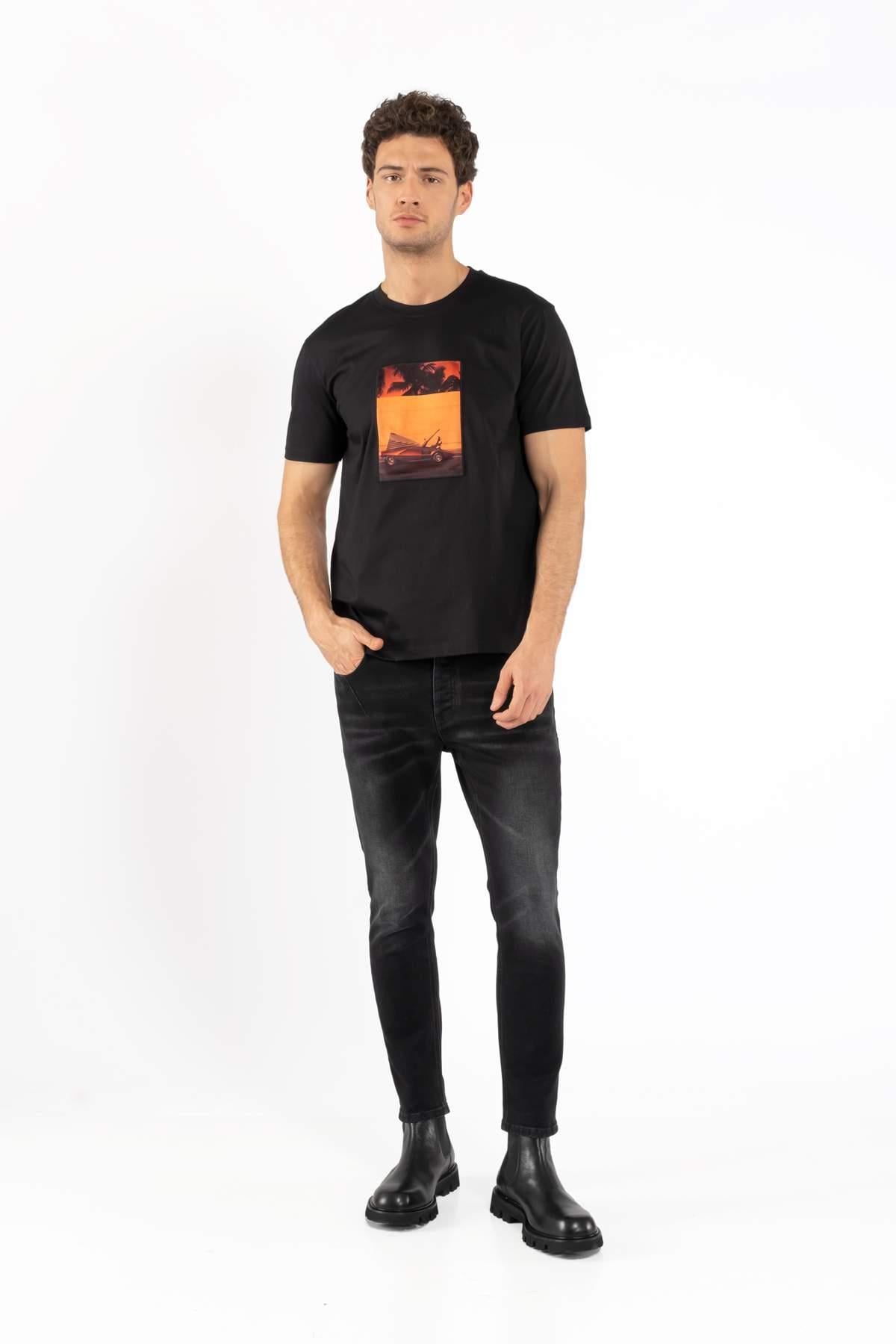 LimitatoSiyah Baskılı Bisiklet Yaka T-shirt