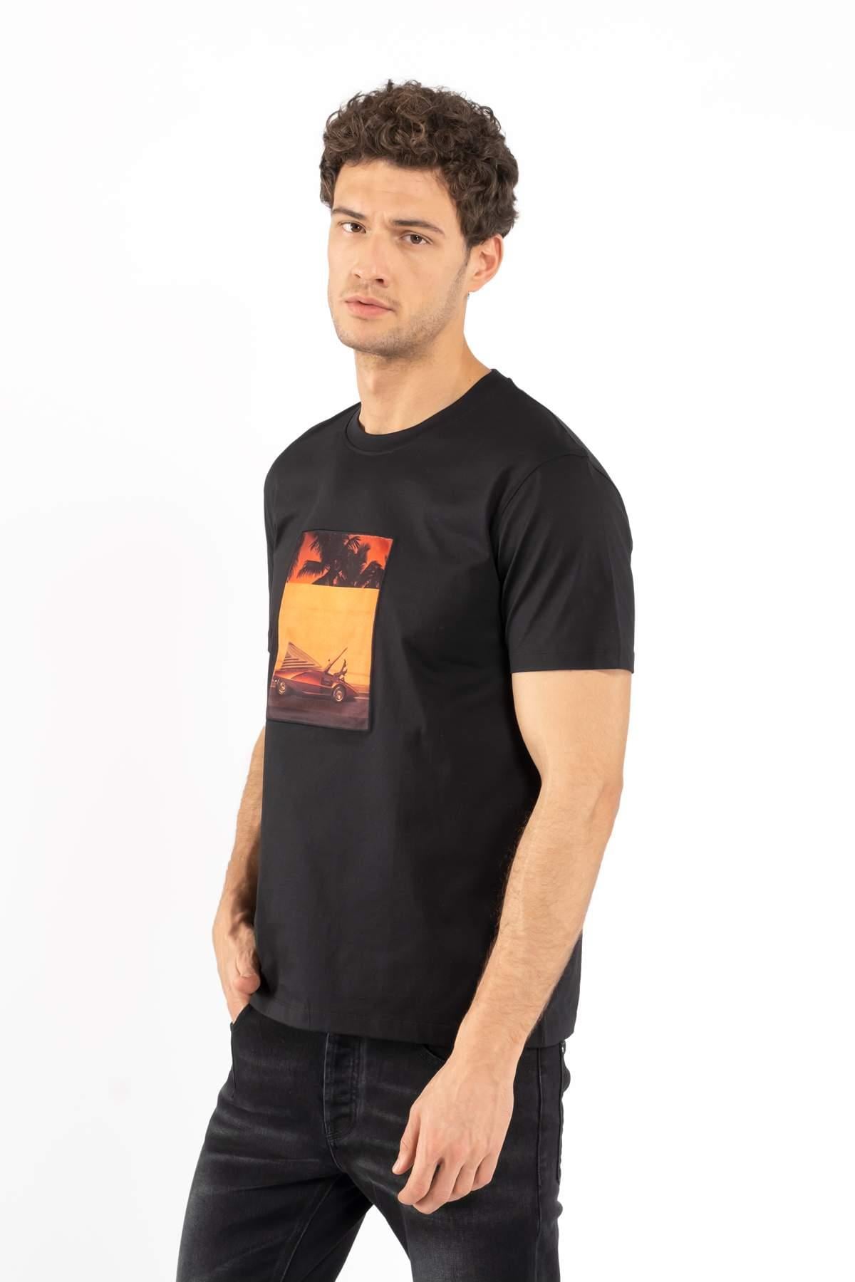 LimitatoSiyah Baskılı Bisiklet Yaka T-shirt