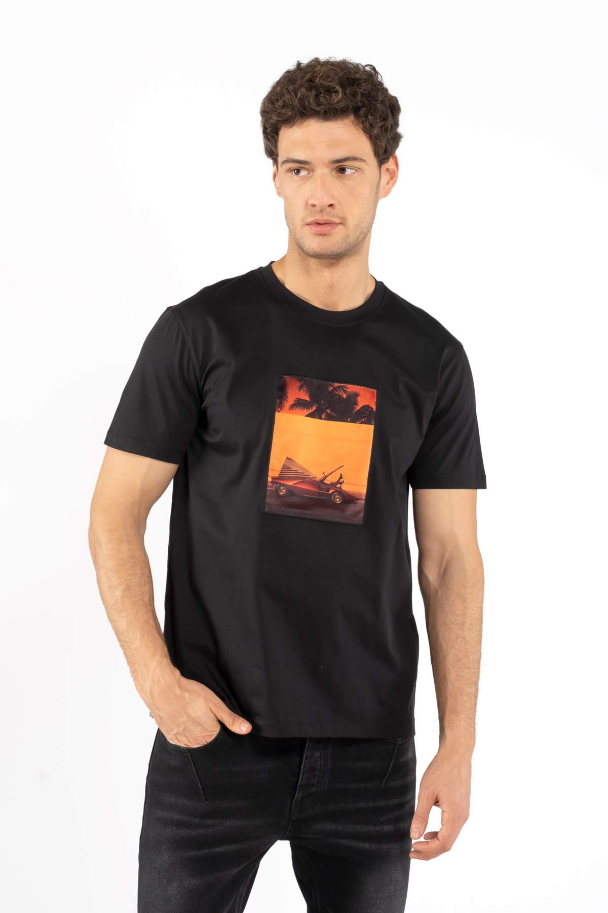 LimitatoSiyah Baskılı Bisiklet Yaka T-shirt