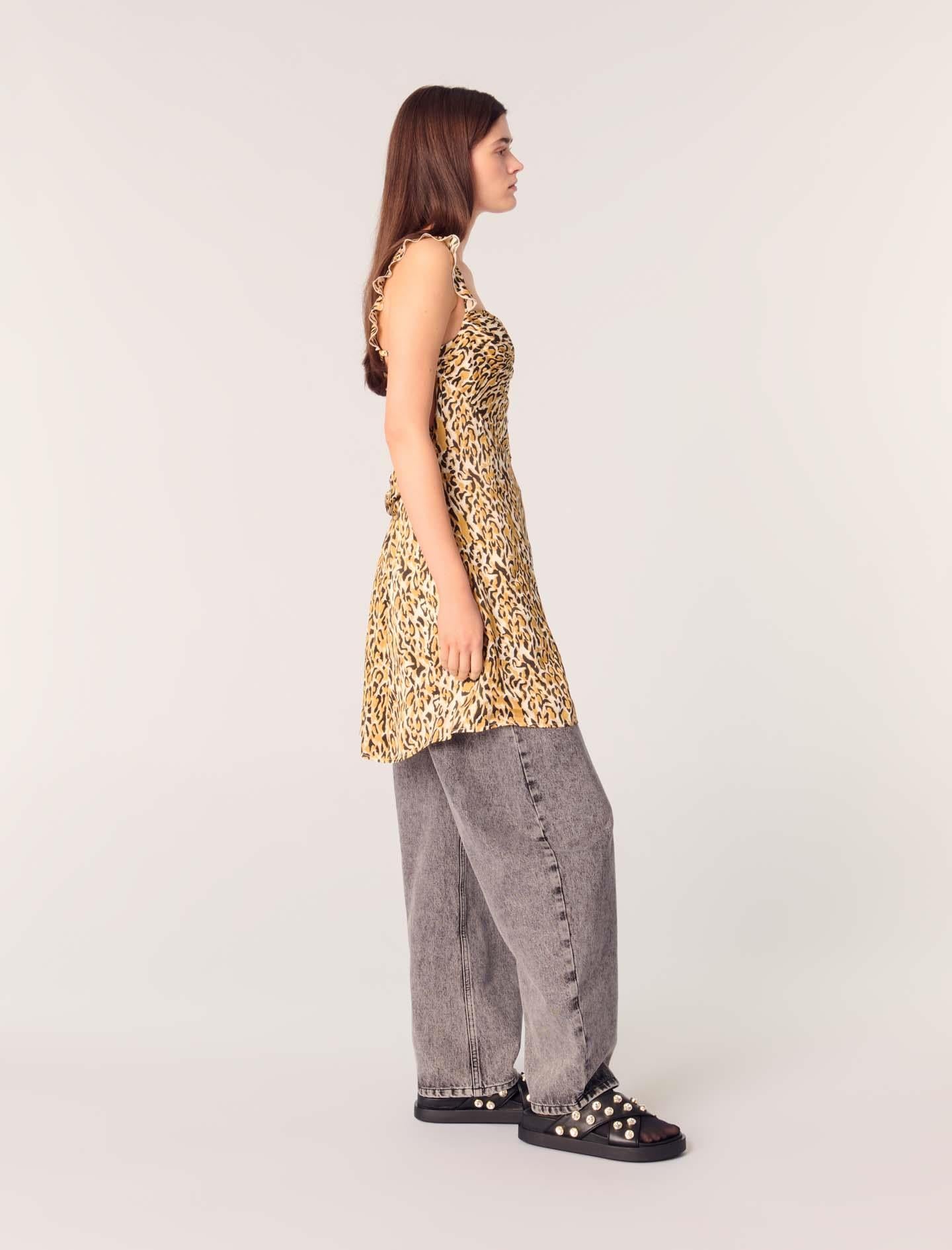 MajeFırfır Askılı Leopar Mini Elbise