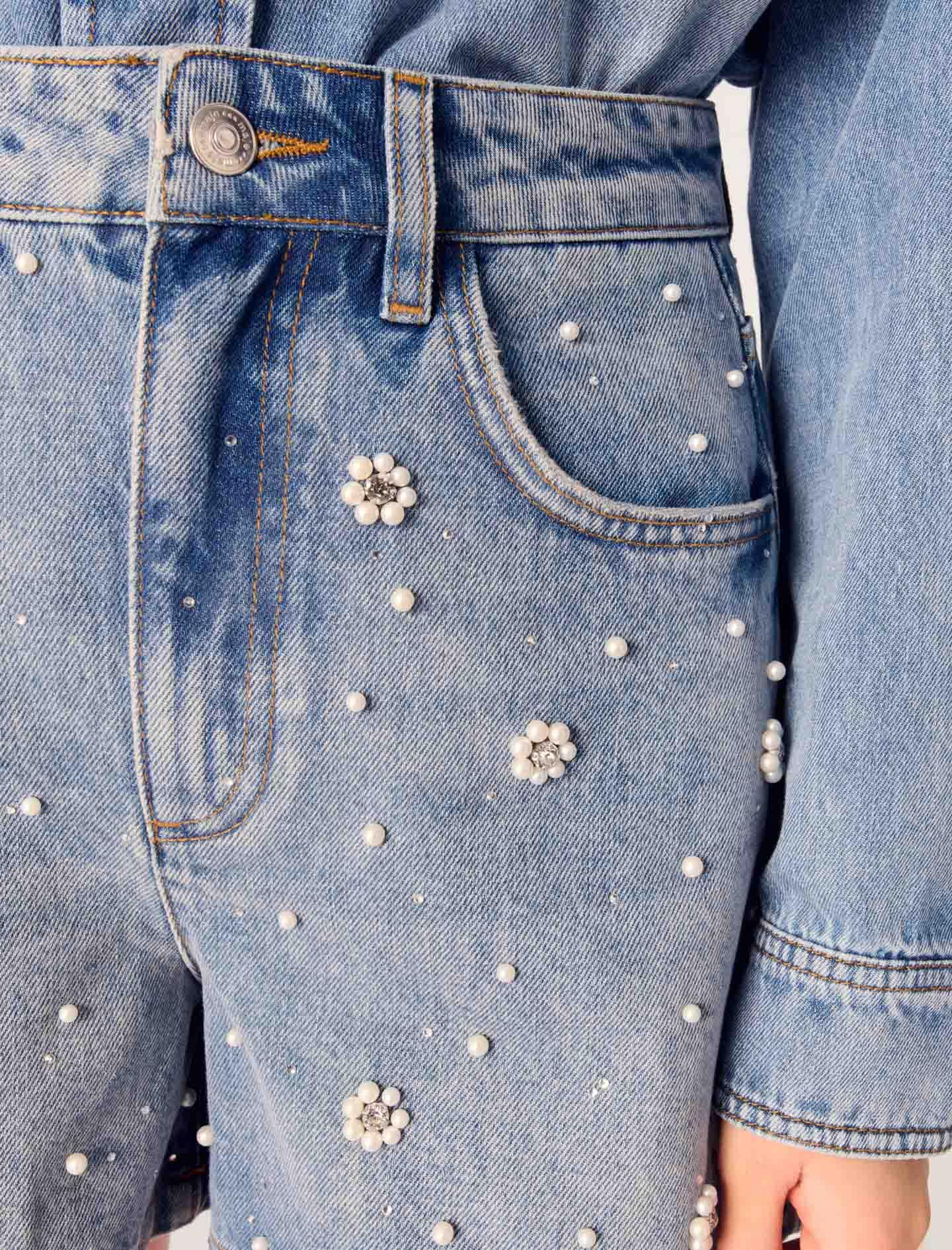 Majeİnci İşlemeli Denim Şort