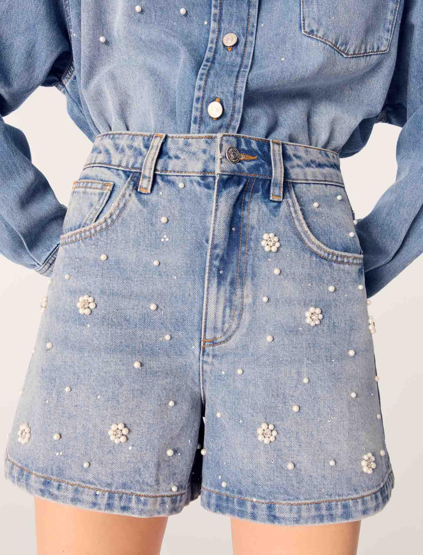 Majeİnci İşlemeli Denim Şort