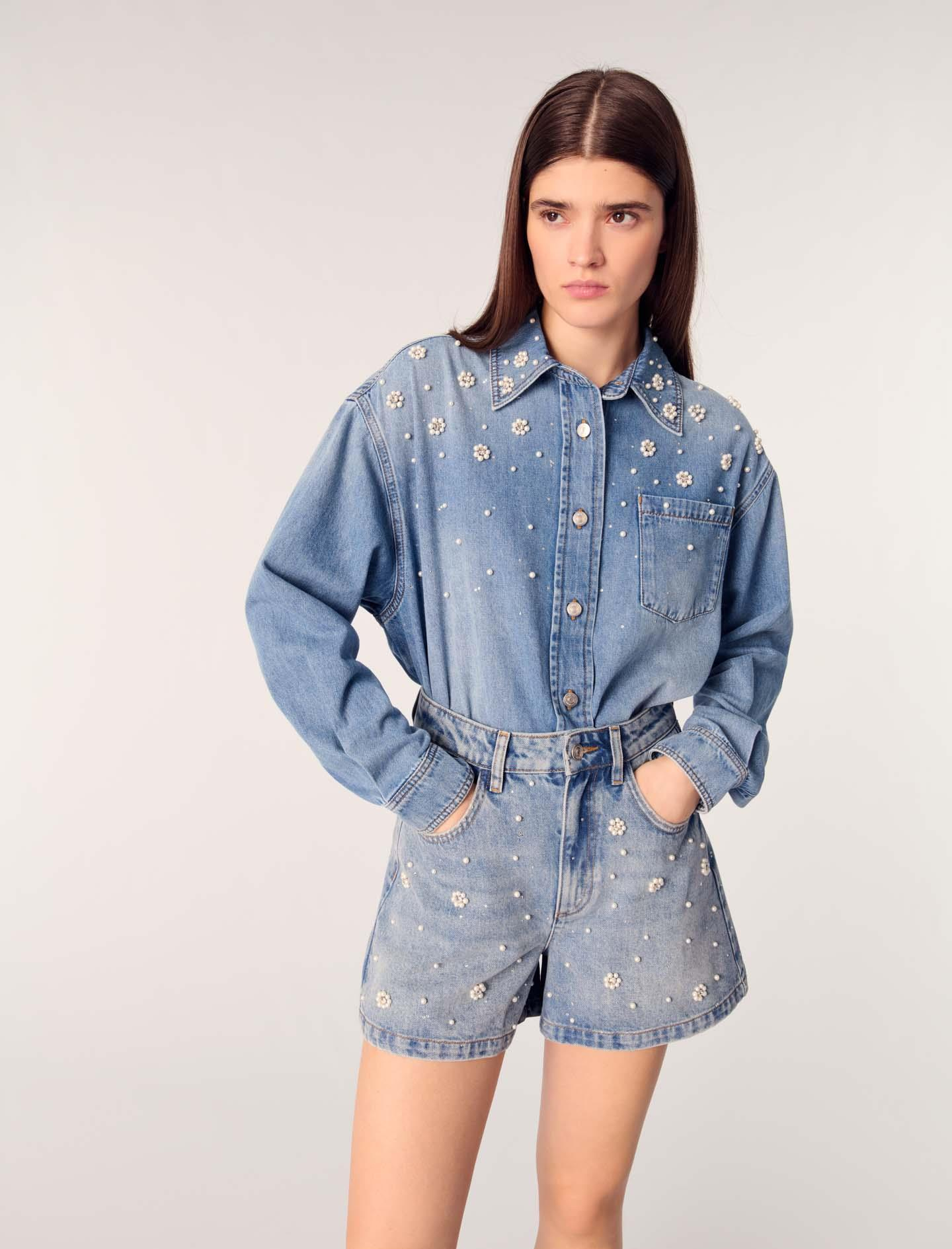Majeİnci İşlemeli Denim Şort