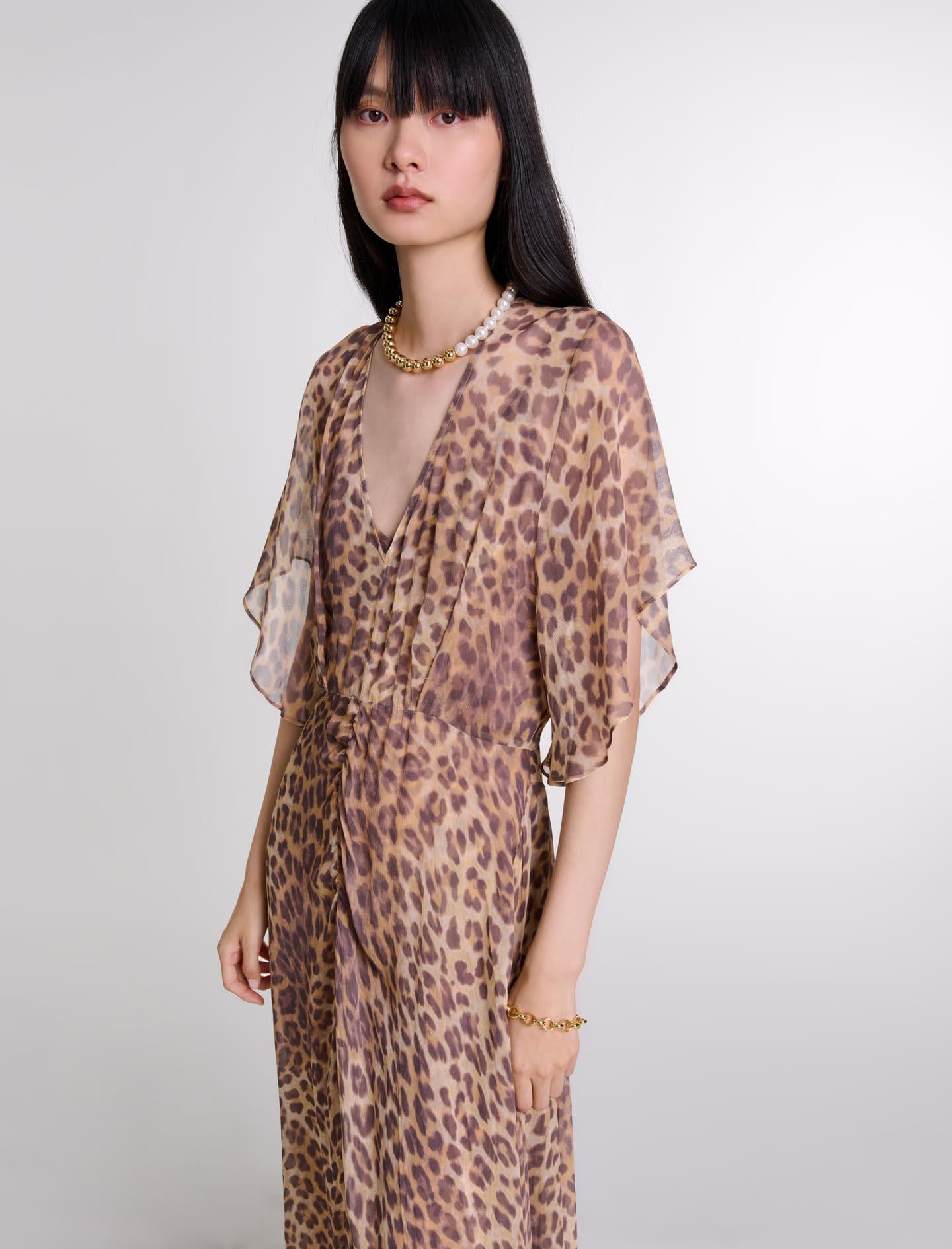 MajeLeopar Desen Uzun Şifon Elbise