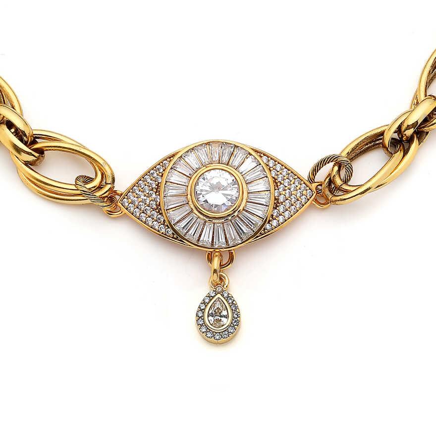 Mon ReveProtector Choker Altın Kaplama Göz Zirkon Charm Zincir Kolye