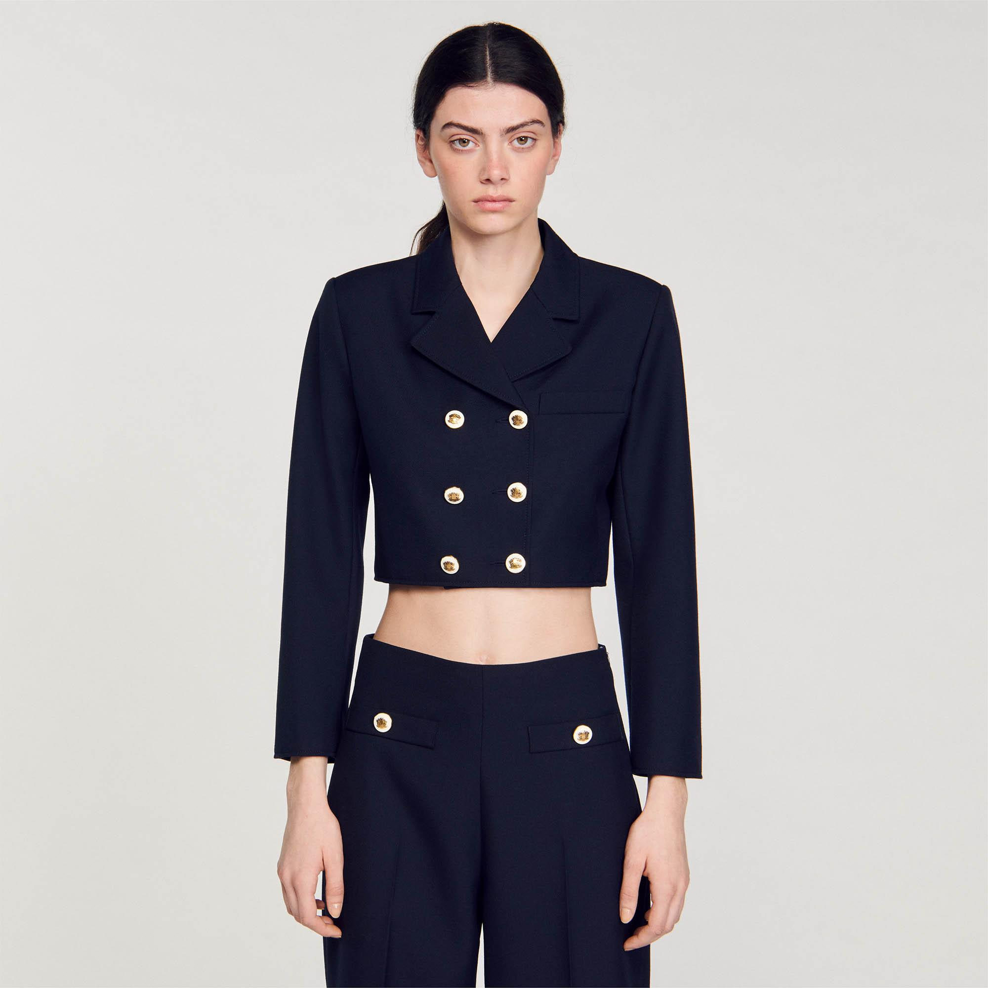 SANDROGold Düğme Detaylı Lacivert Crop Blazer