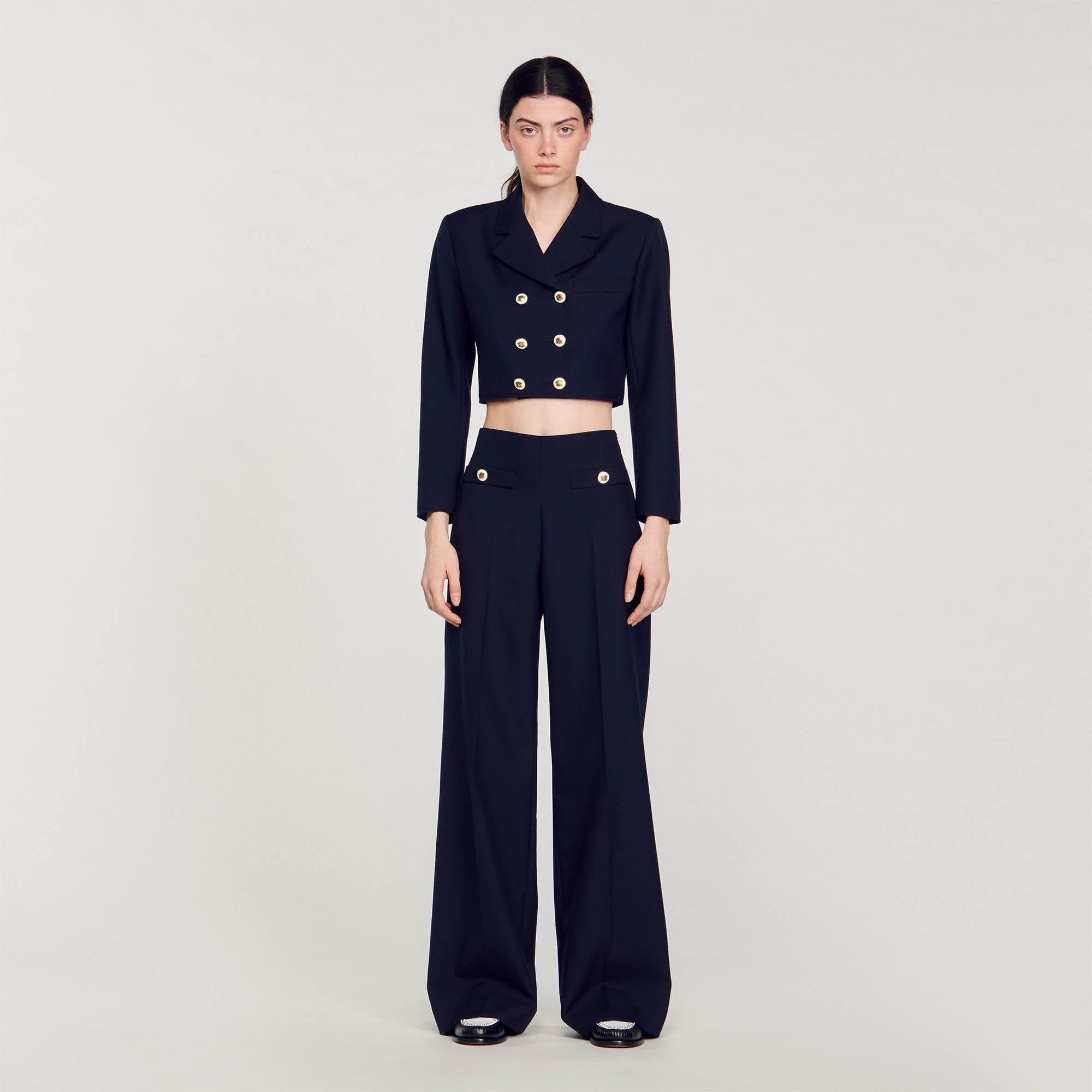 SANDROGold Düğme Detaylı Lacivert Crop Blazer
