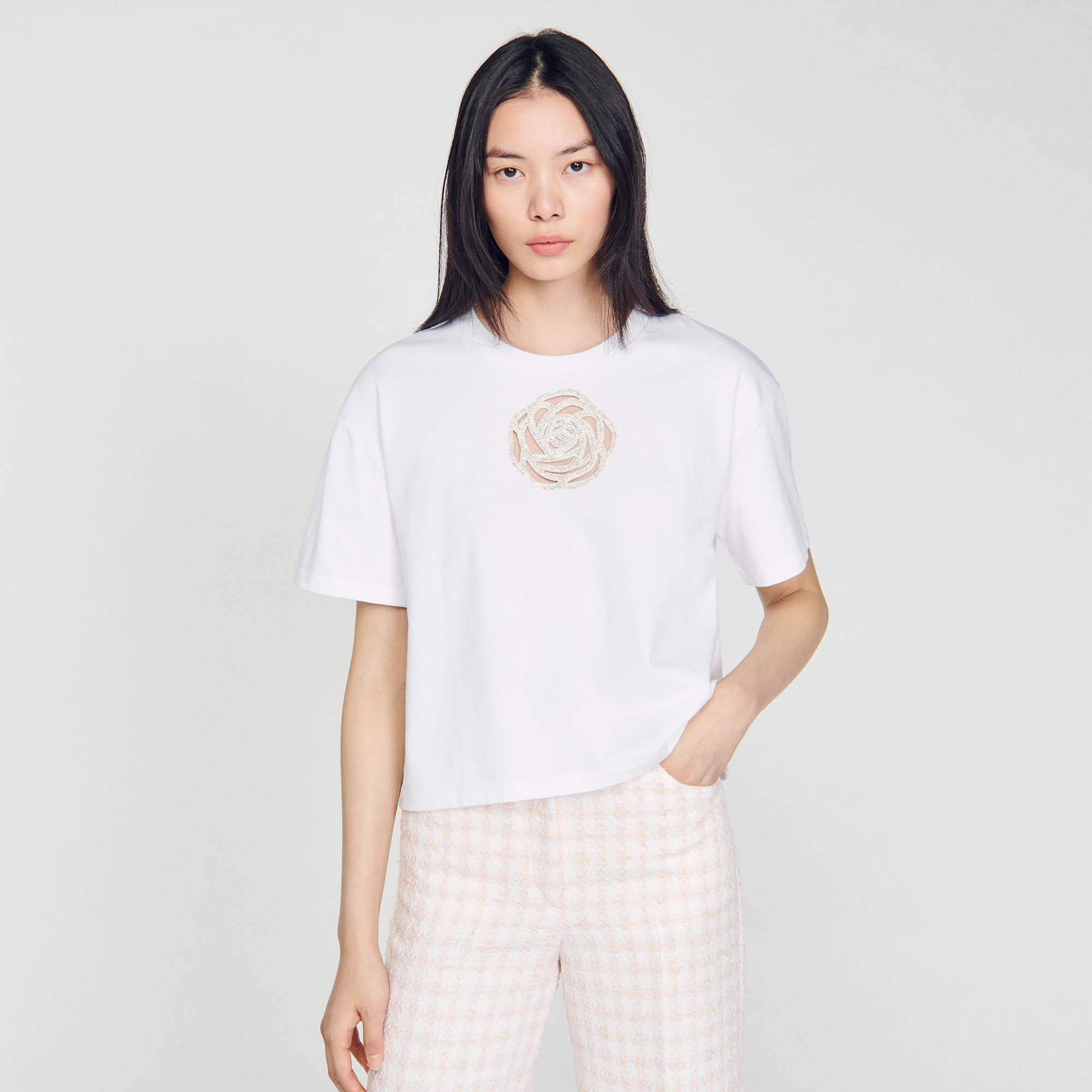 SANDROGül İşlemeli Beyaz Crop T-shirt