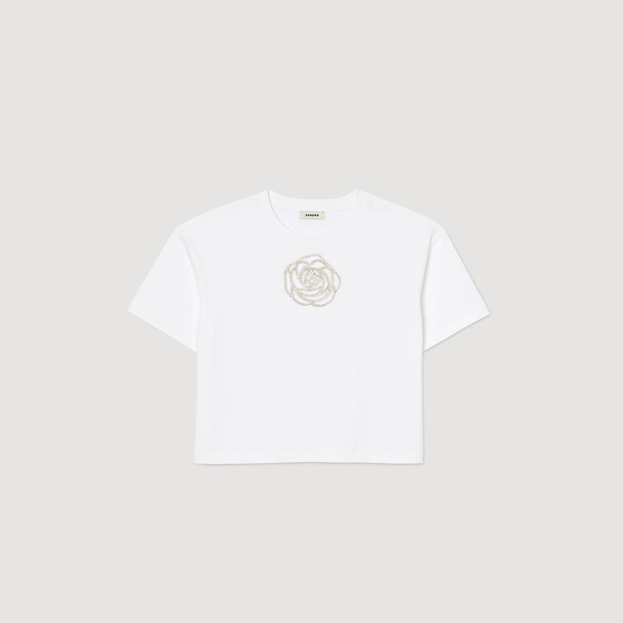 SANDROGül İşlemeli Beyaz Crop T-shirt
