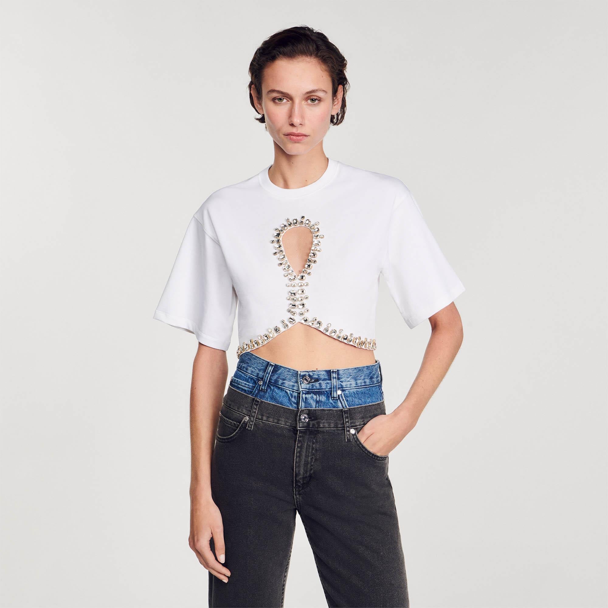 SANDROTaş İşlemeli Beyaz Crop T-shirt