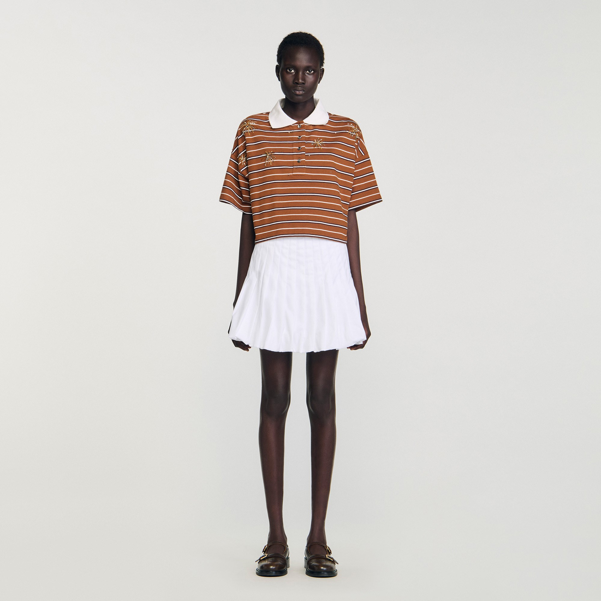 SANDROTaşlı Çizgili Crop Polo T-shirt