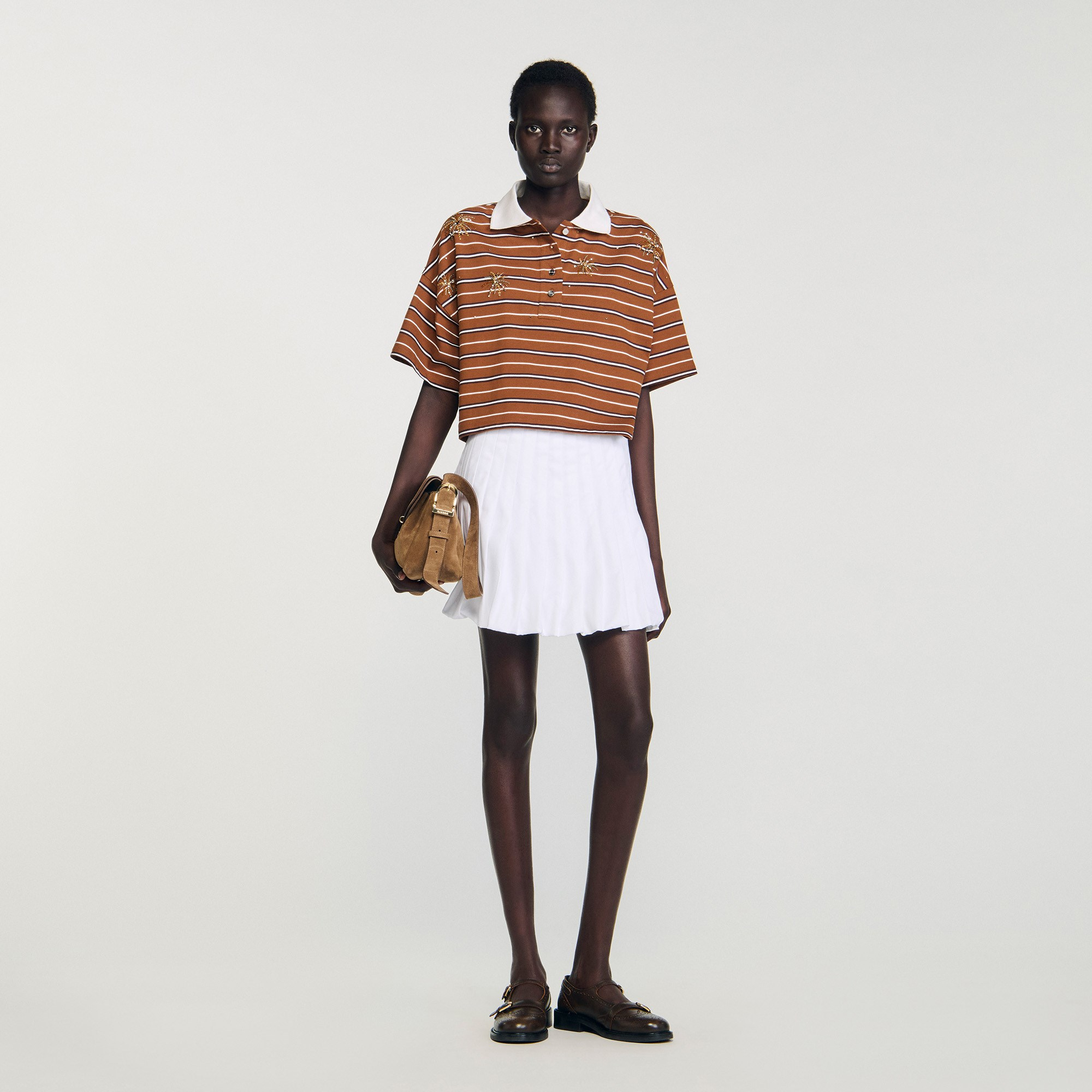 SANDROTaşlı Çizgili Crop Polo T-shirt