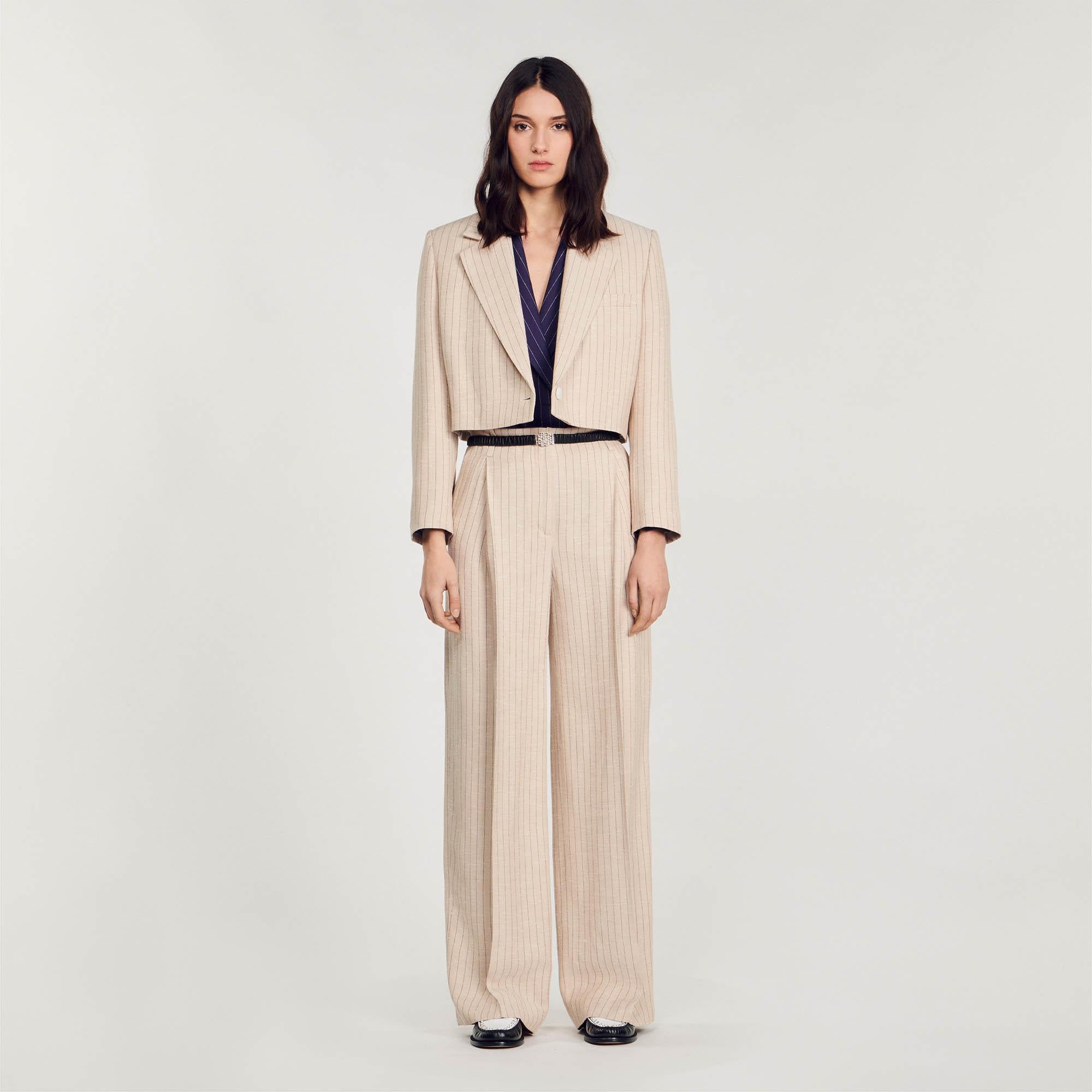 SANDROTek Düğme Kapama Çizgili Crop Blazer