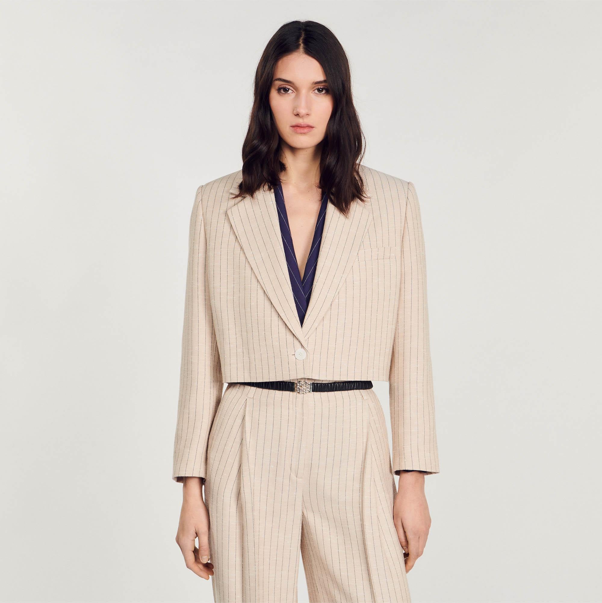 SANDROTek Düğme Kapama Çizgili Crop Blazer