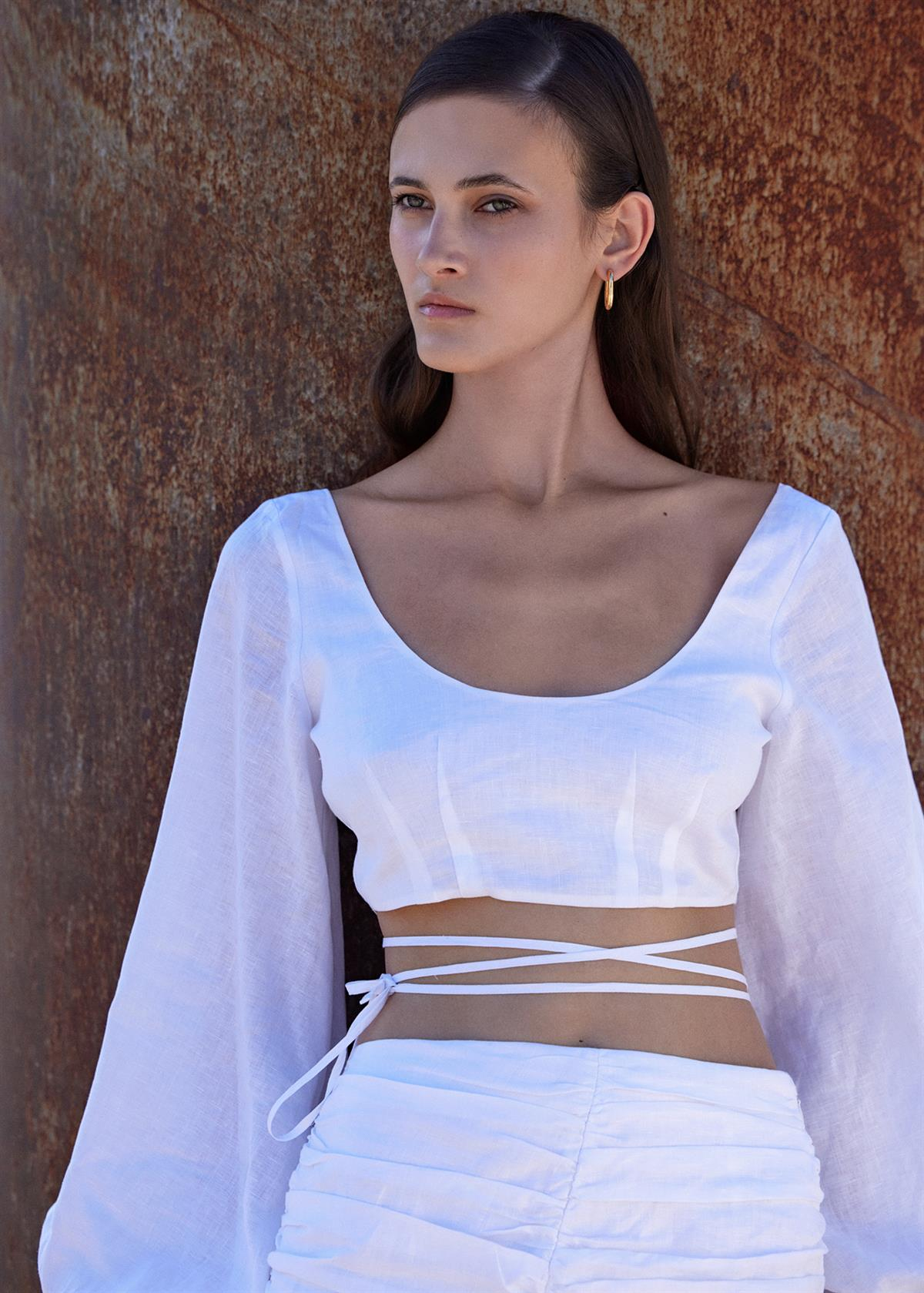 SanguelÇapraz Bağlamalı Keten Crop Bluz