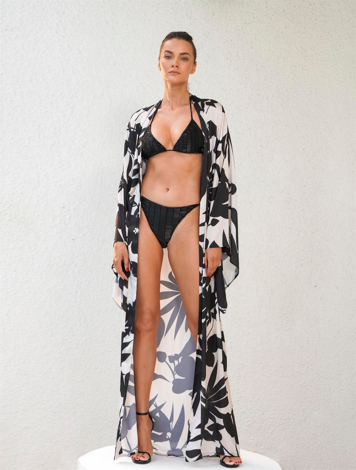 Seben KocibeySiyah Desenli Saten Kimono