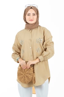 Yaprak Desenli Tunik-Bej