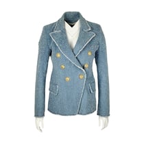  Balmain Light Blue White Tweed Double Breasted Gold Button Blazer Jacket 42 BALMAIN  