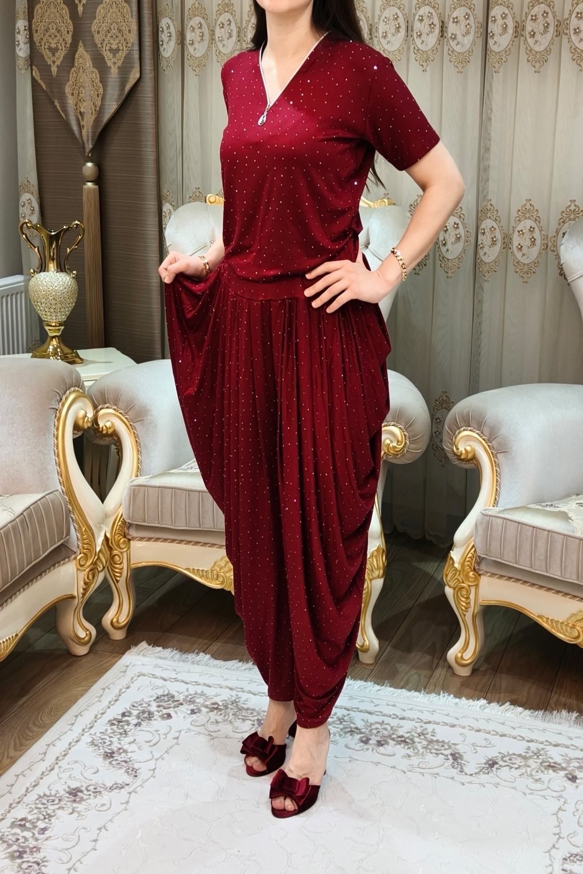Bordo Bluz Arnavut Şalvar Pantolon Takımı