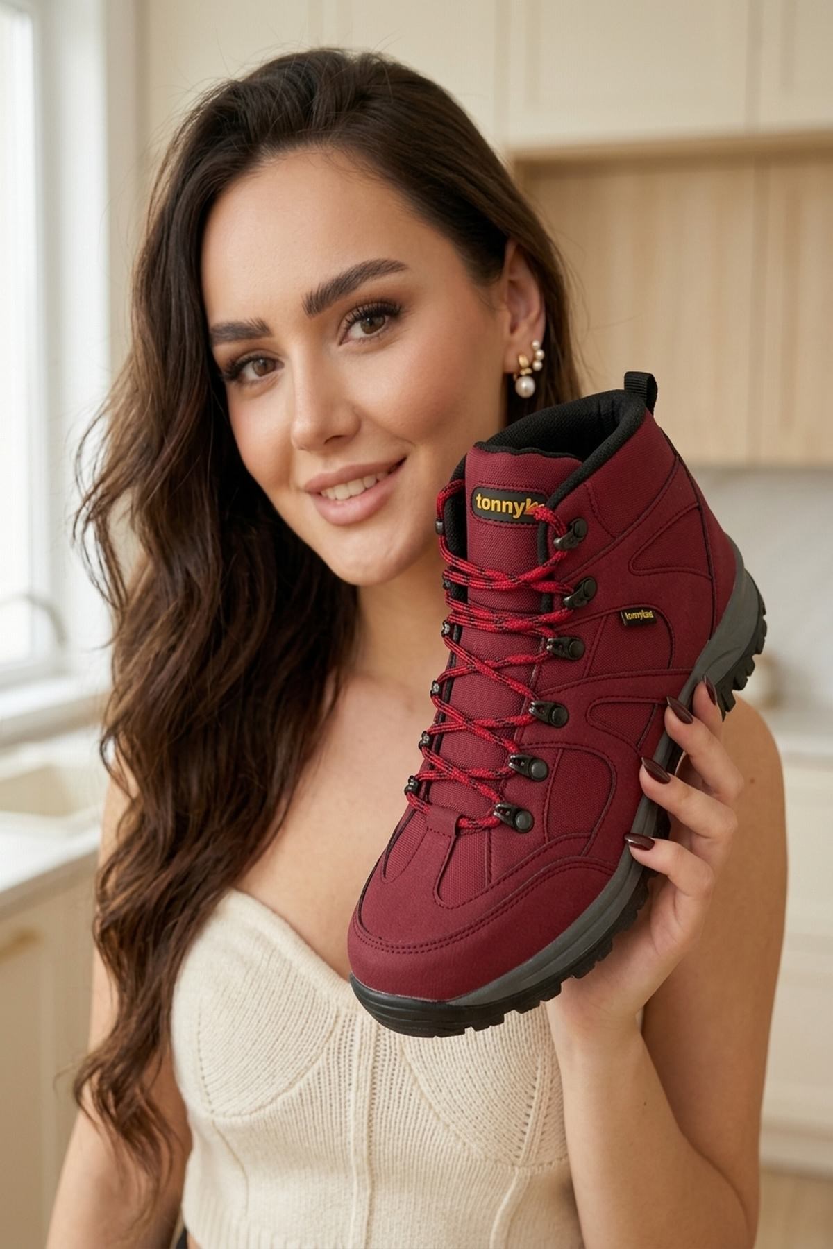 Tonny Black Kadın Bordo Süet Bağcıklı Trekking Bot