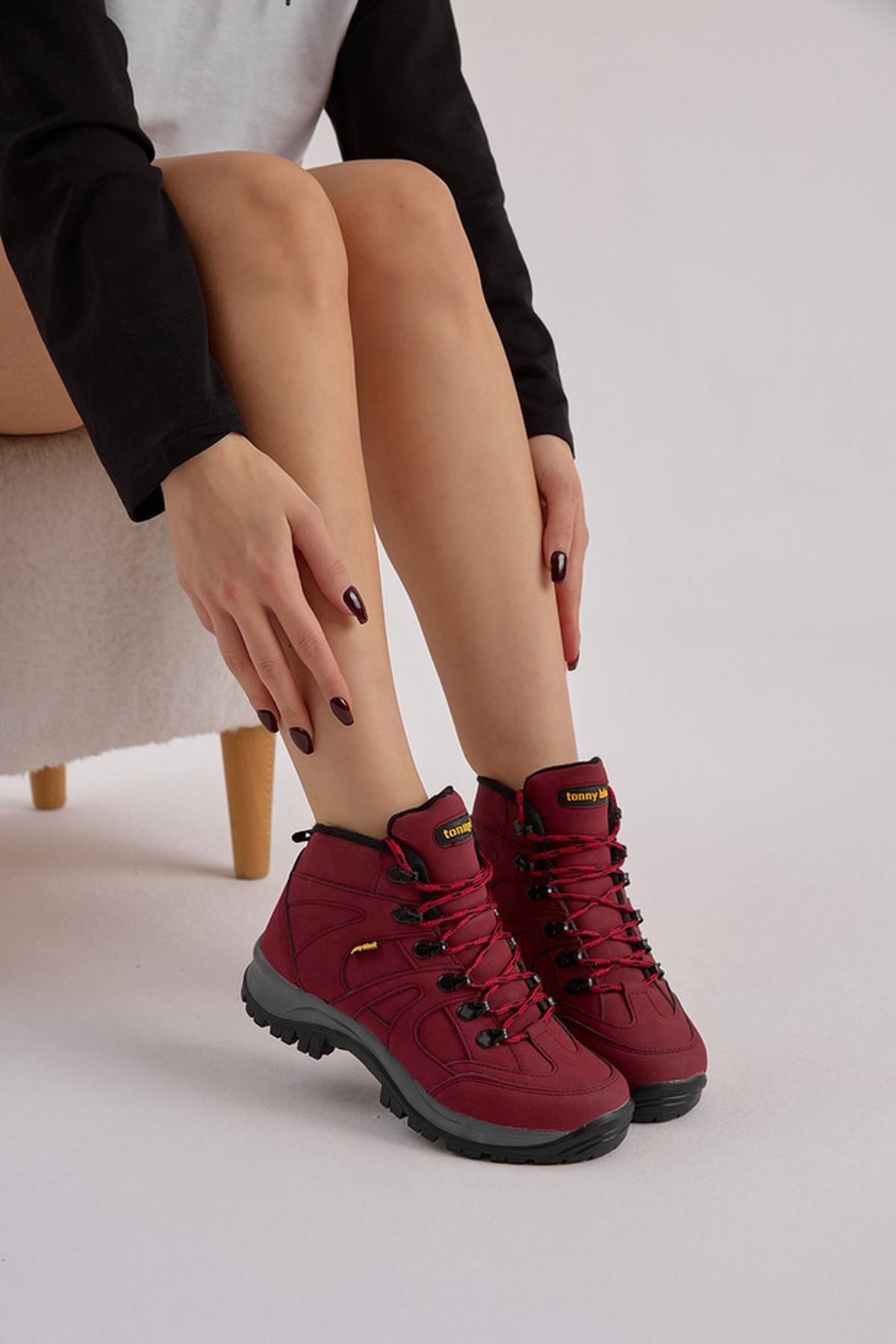 Tonny Black Kadın Bordo Süet Bağcıklı Trekking Bot