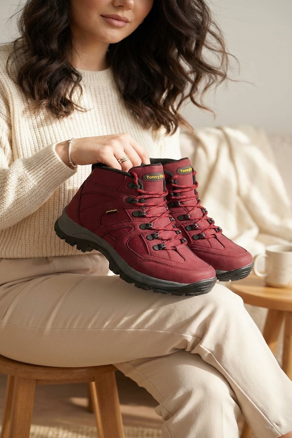 Tonny Black Kadın Bordo Süet Bağcıklı Trekking Bot