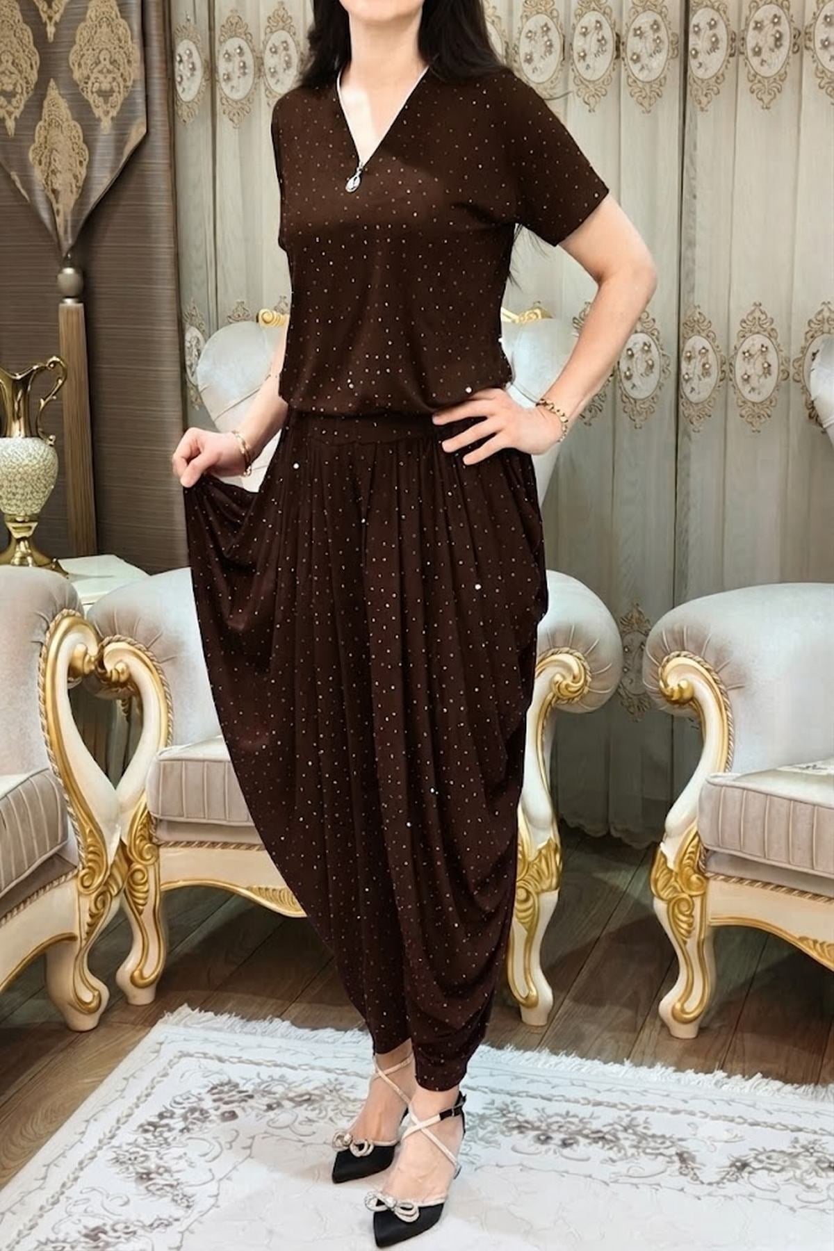 Acı Kahve Bluz Arnavut Şalvar Pantolon Takımı