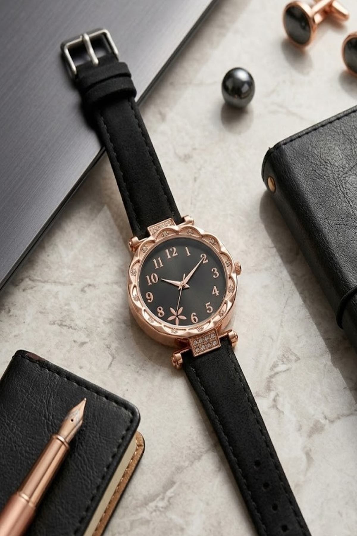 Rose Gold Detaylı Siyah Kadın Kol Saati
