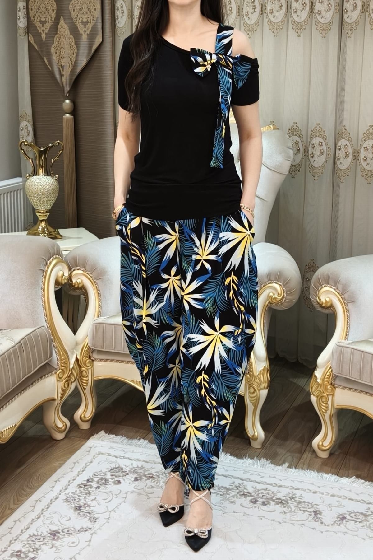 Yeşil Çiçek Desenli Cepli Fiyonk Detaylı Bluz Şalvar Takımı 50 Kilodan 100 Kiloya Kadar Olur