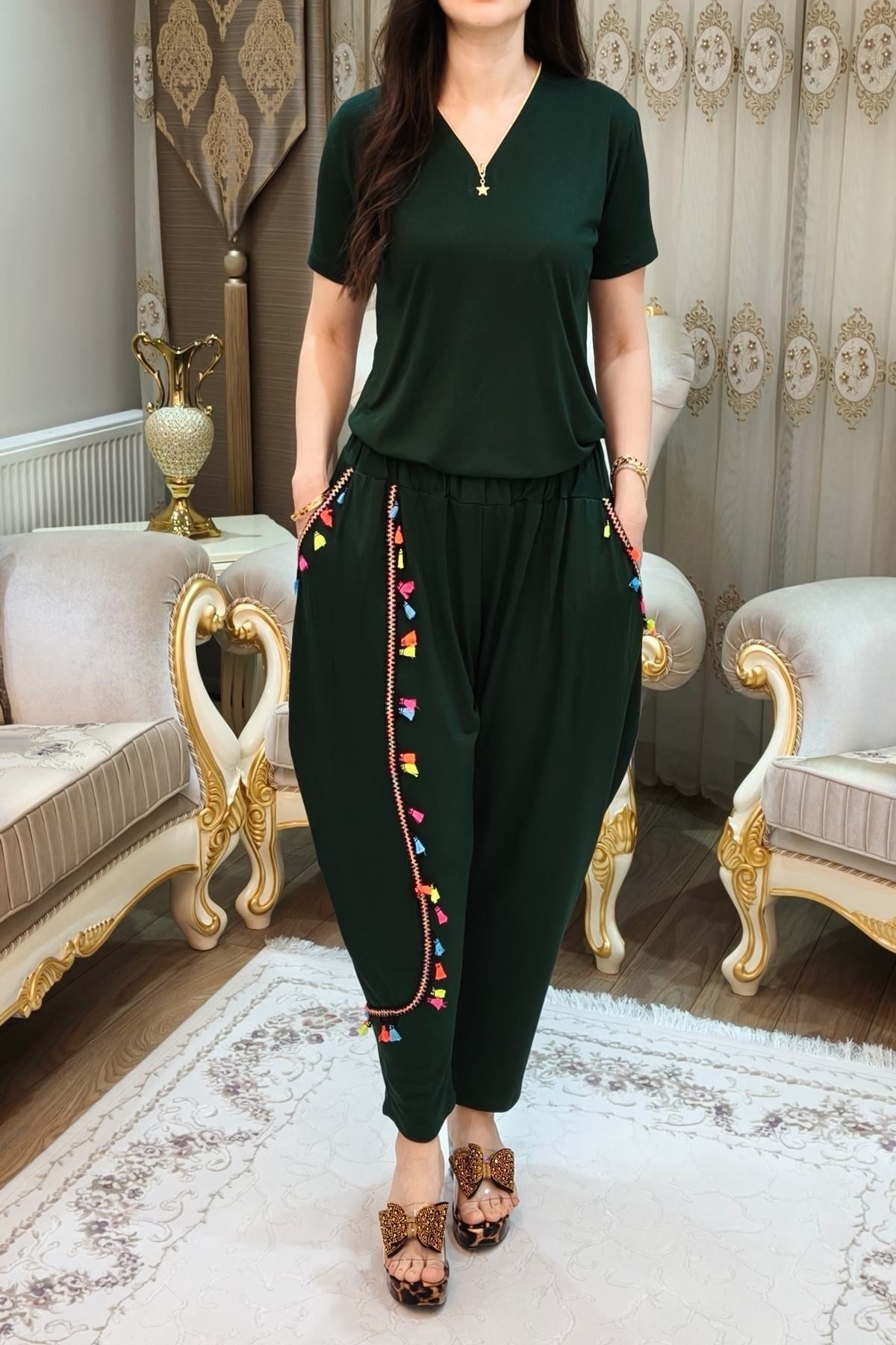Yeşil İpli 2 Parça Bluz ve Şalvar Takımı