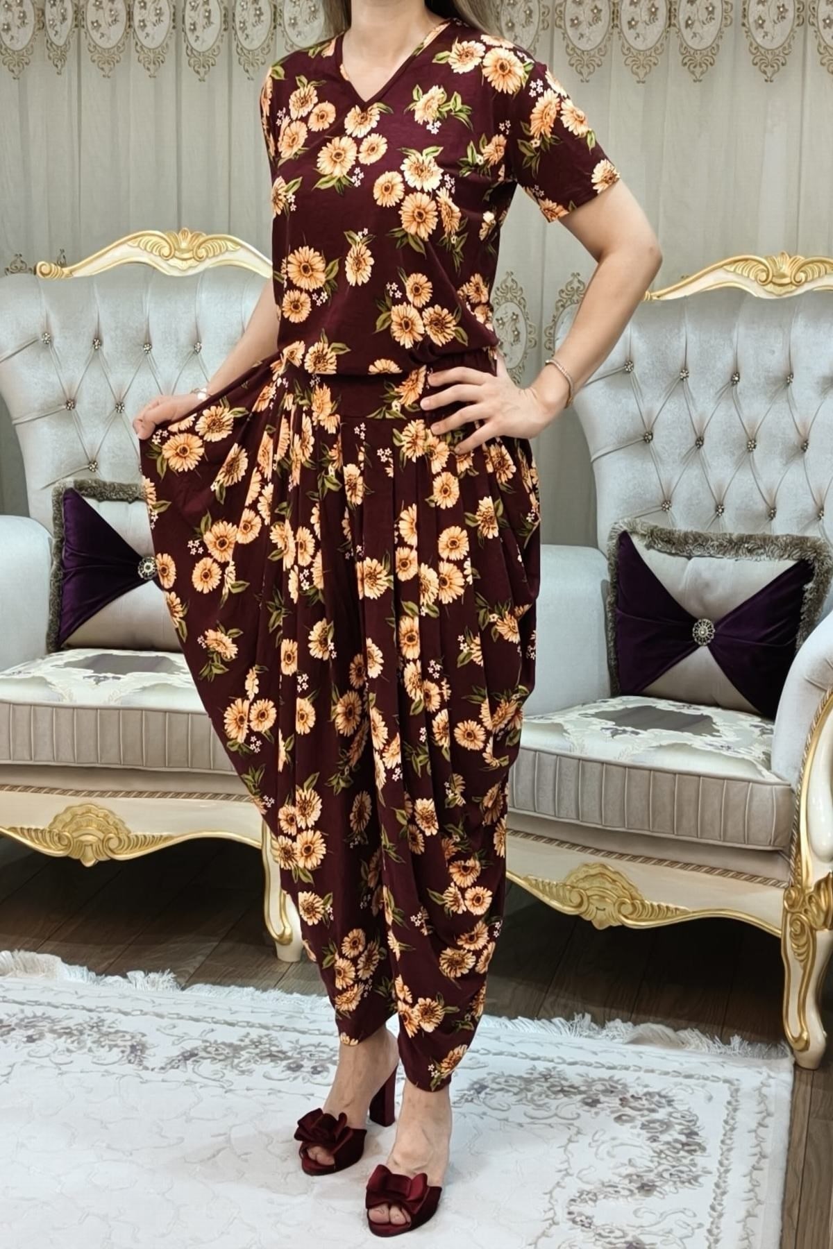 Desenli Arnavut Şalvar Bluz Takımı Model 1