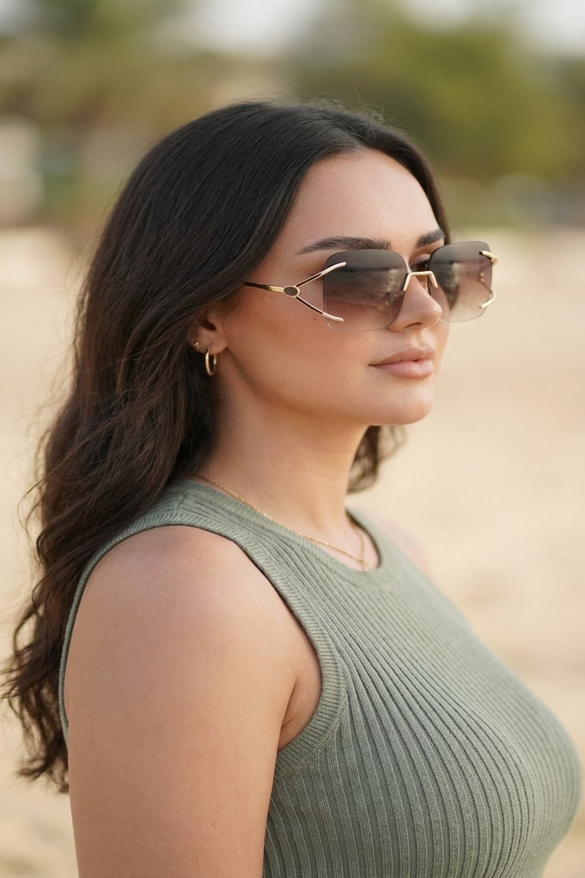 Kahverengi Lüks Tasarım Çerçevesiz Kadın Güneş Gözlüğü Degradeli Cam Model