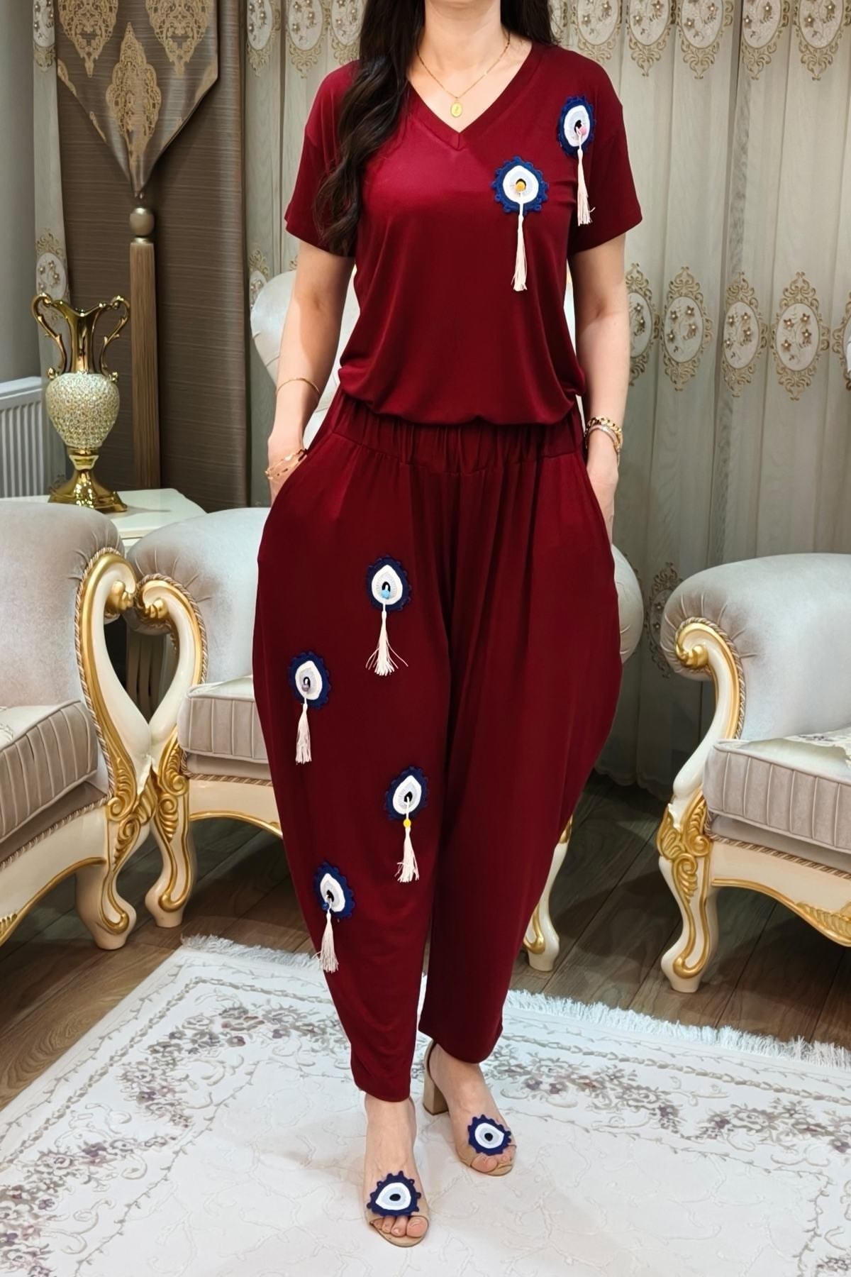 Bordo Nazar Boncuklu Püsküllü 2 Parça Bluz ve Şalvar Takımı
