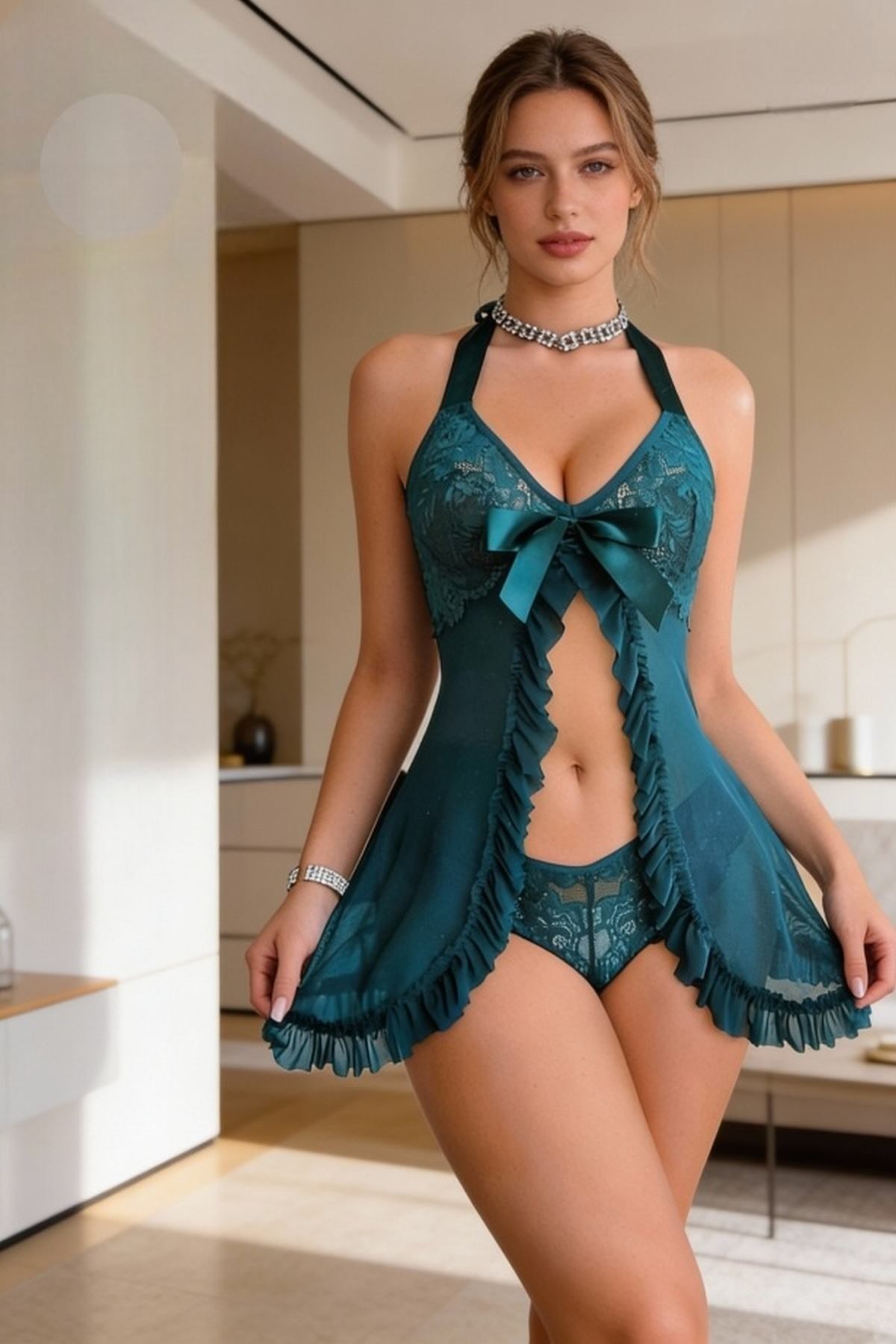 Kadın Zümrüt Yeşili Dantel Detaylı Halter Yaka Fırfırlı Fantezi Babydoll Takım