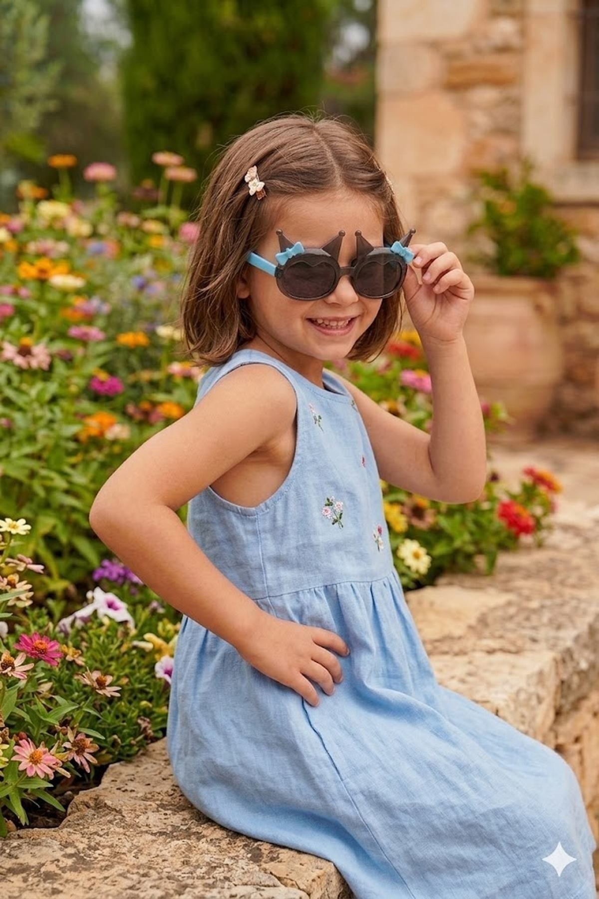 Mavi Taç ve Fiyonk Detaylı Unisex Çocuk Güneş Gözlüğü