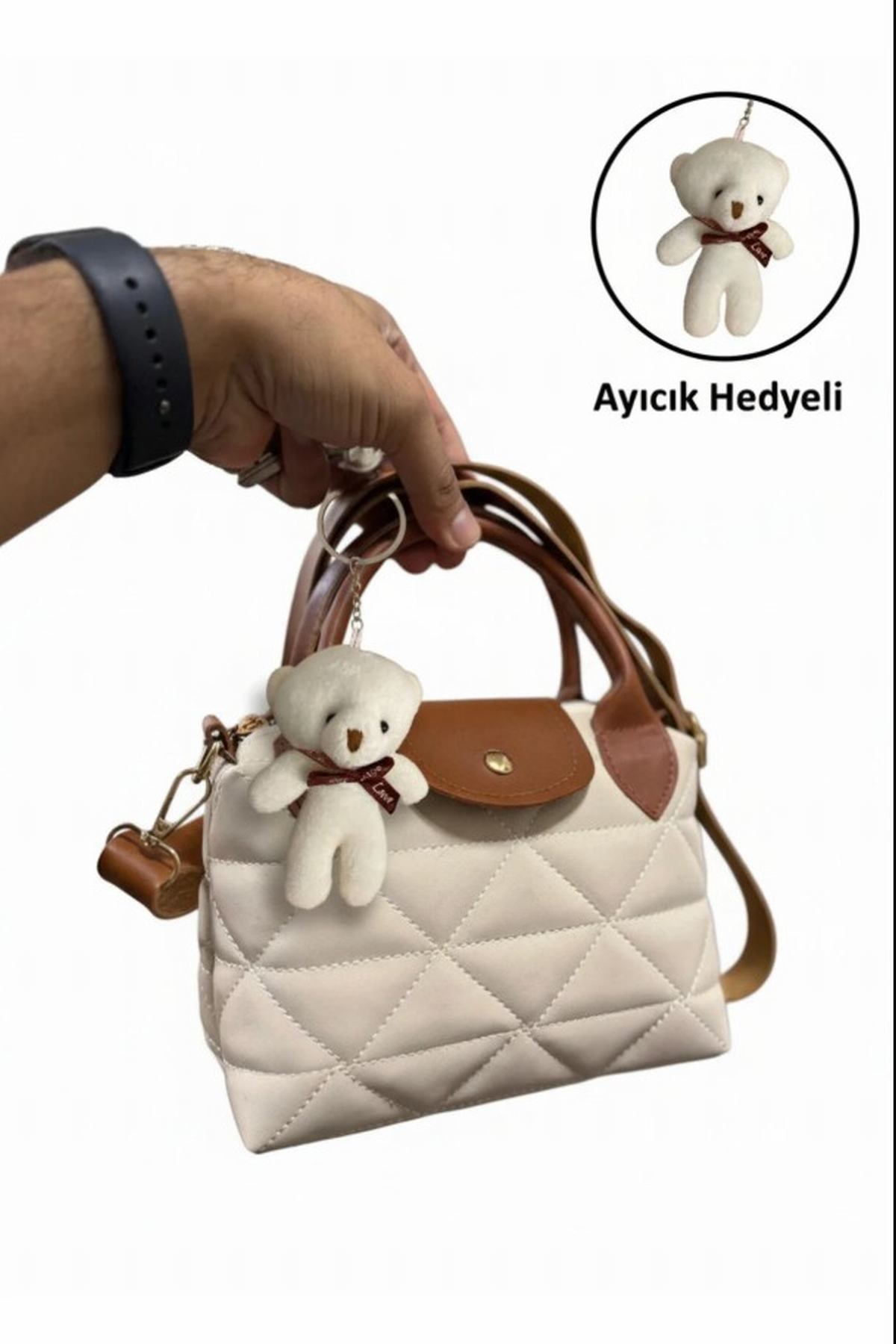 Peluş Ayıcık Aksesuarlı Krem Kadın Çanta