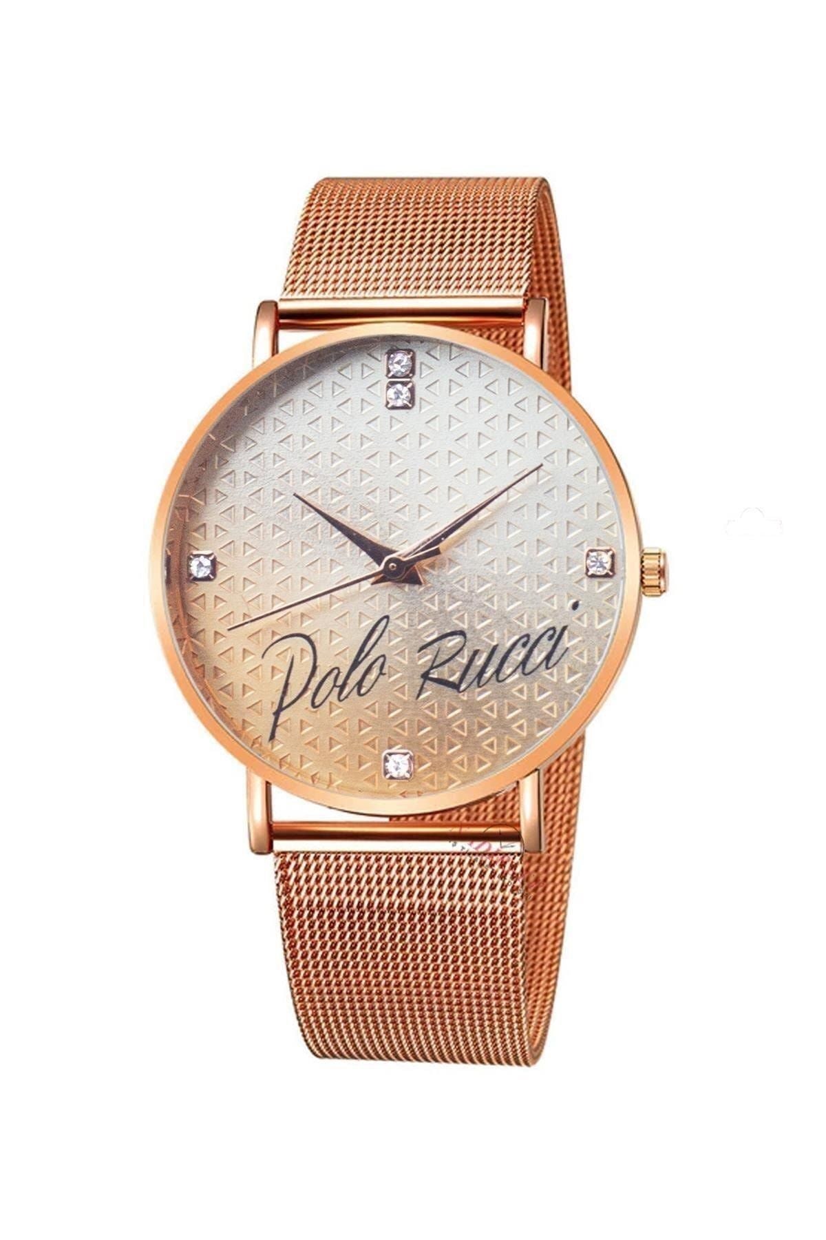 Polo Ruca Kadın Kol Saati Rose Gold Hasır Kordon Taşlı Desenli Kadran Kol Saati