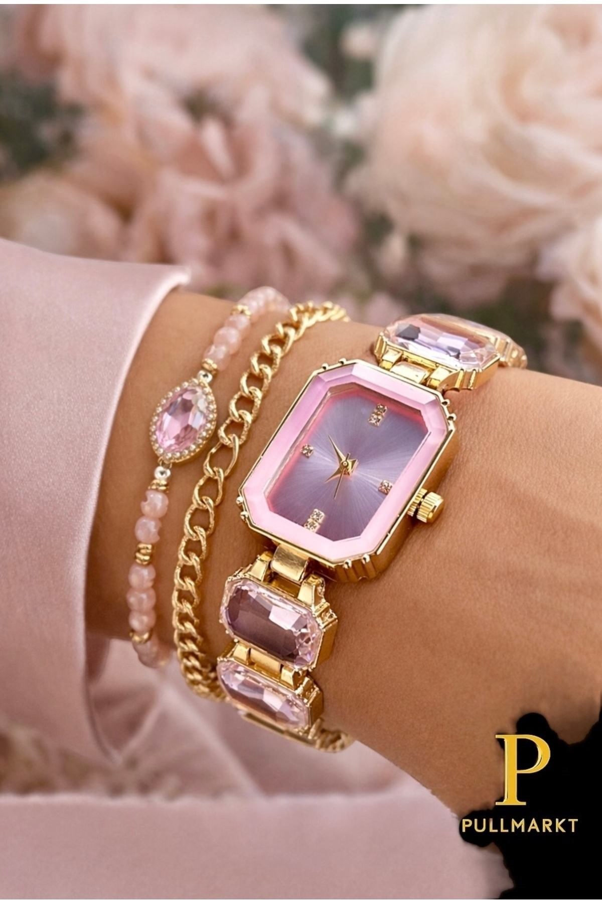Pullmarkt Kadın Kol Saati Gold Renk Pembe Taşlı Dikdörtgen Kasa Kombin Saat