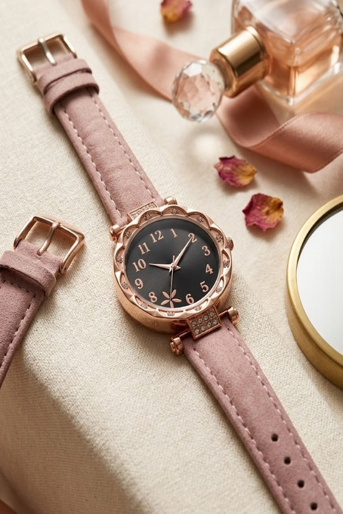 Rose Gold Detaylı Pudra Pembe Kadın Kol Saati